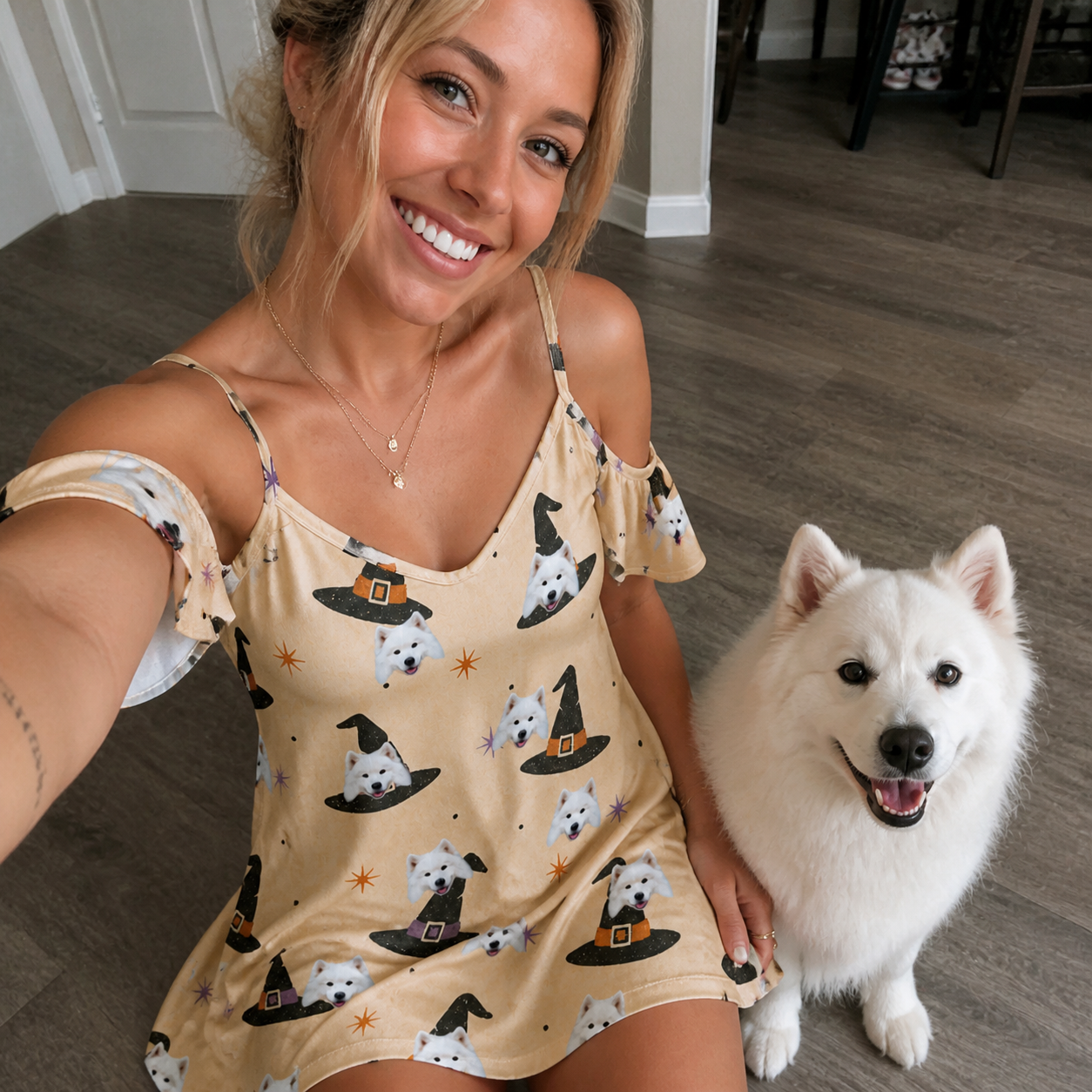 Selfie with the pet whose face is printed all over this Women's Spellbound Spires Custom Dog Face Off-Shoulder Dress