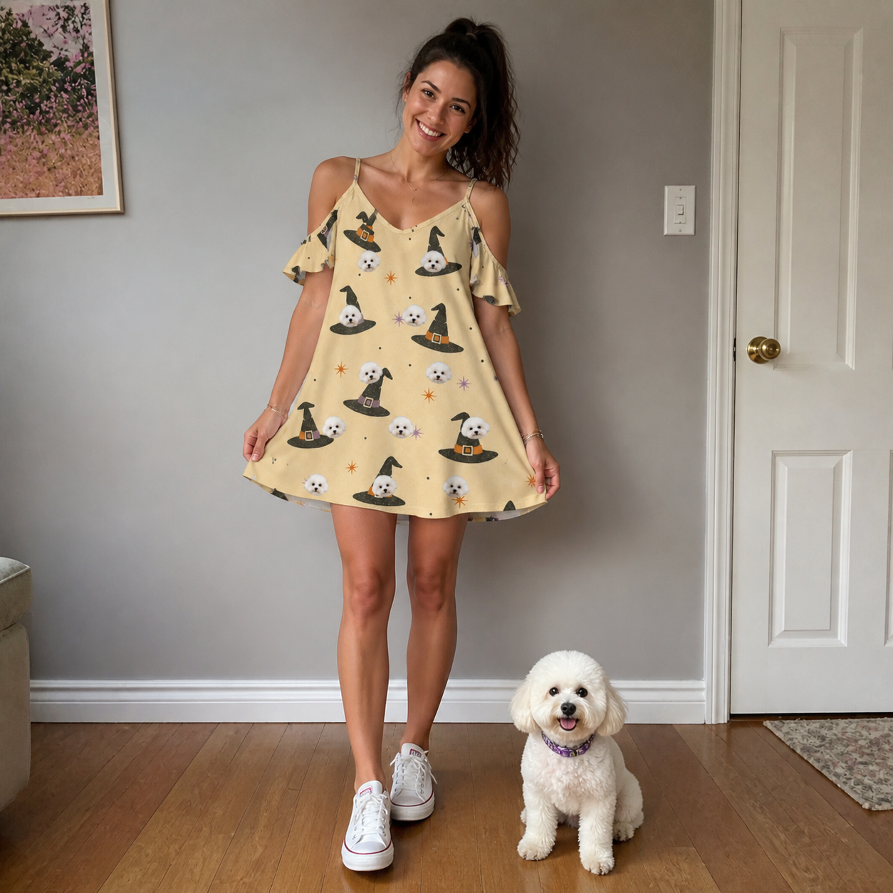 Full-length photo with the pet printed all over this Women's Spellbound Spires Custom Dog Face Off-Shoulder Dress
