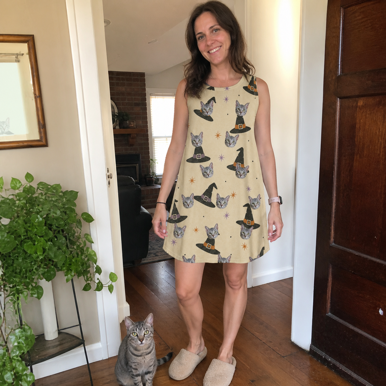 Full-length photo with the pet printed all over this Women's Spellbound Spires Custom Cat Face Tank Dress