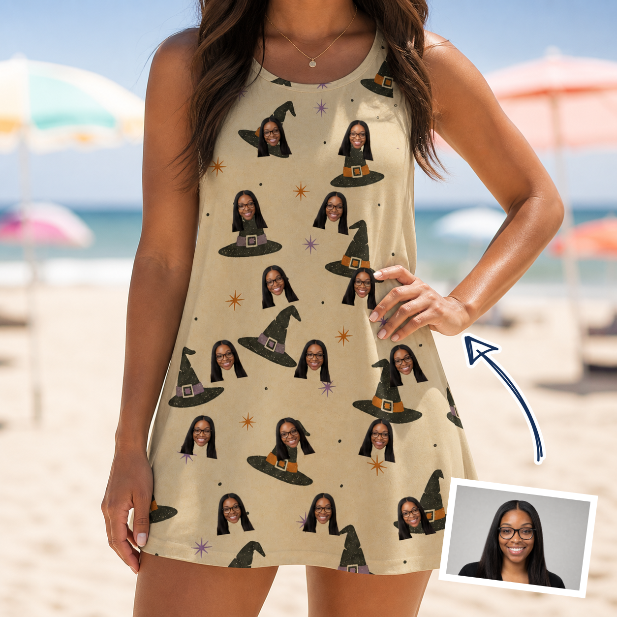 Woman wearing Women's Spellbound Spires Custom Face Tank Dress — custom faces printed all-over