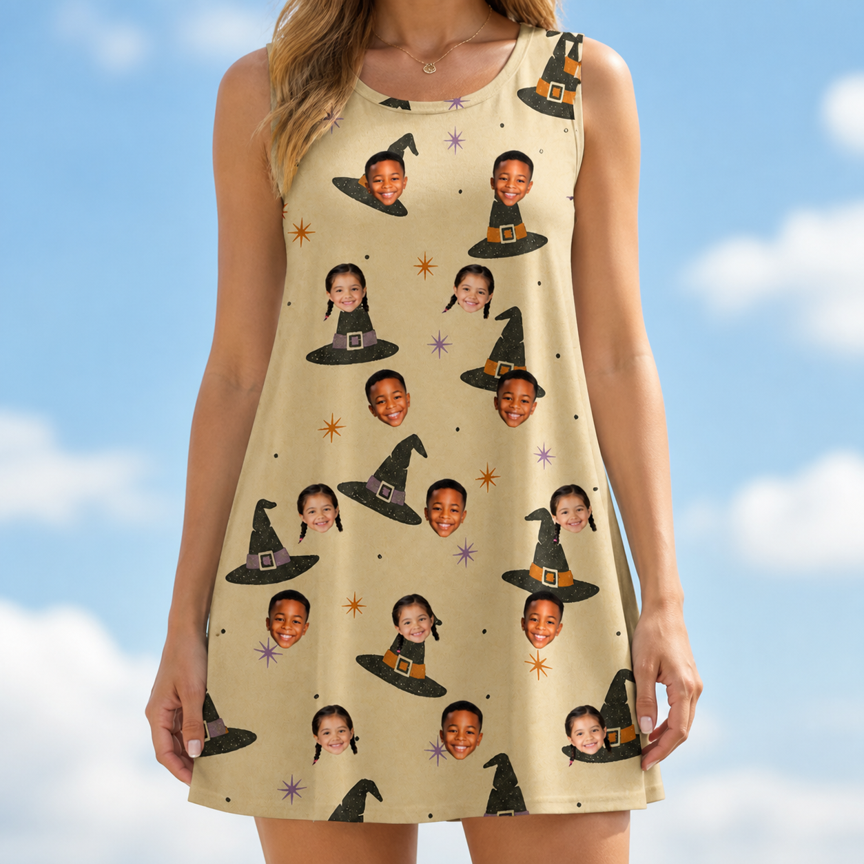 Model wearing Women's Spellbound Spires Custom Face Tank Dress printed with kids' faces