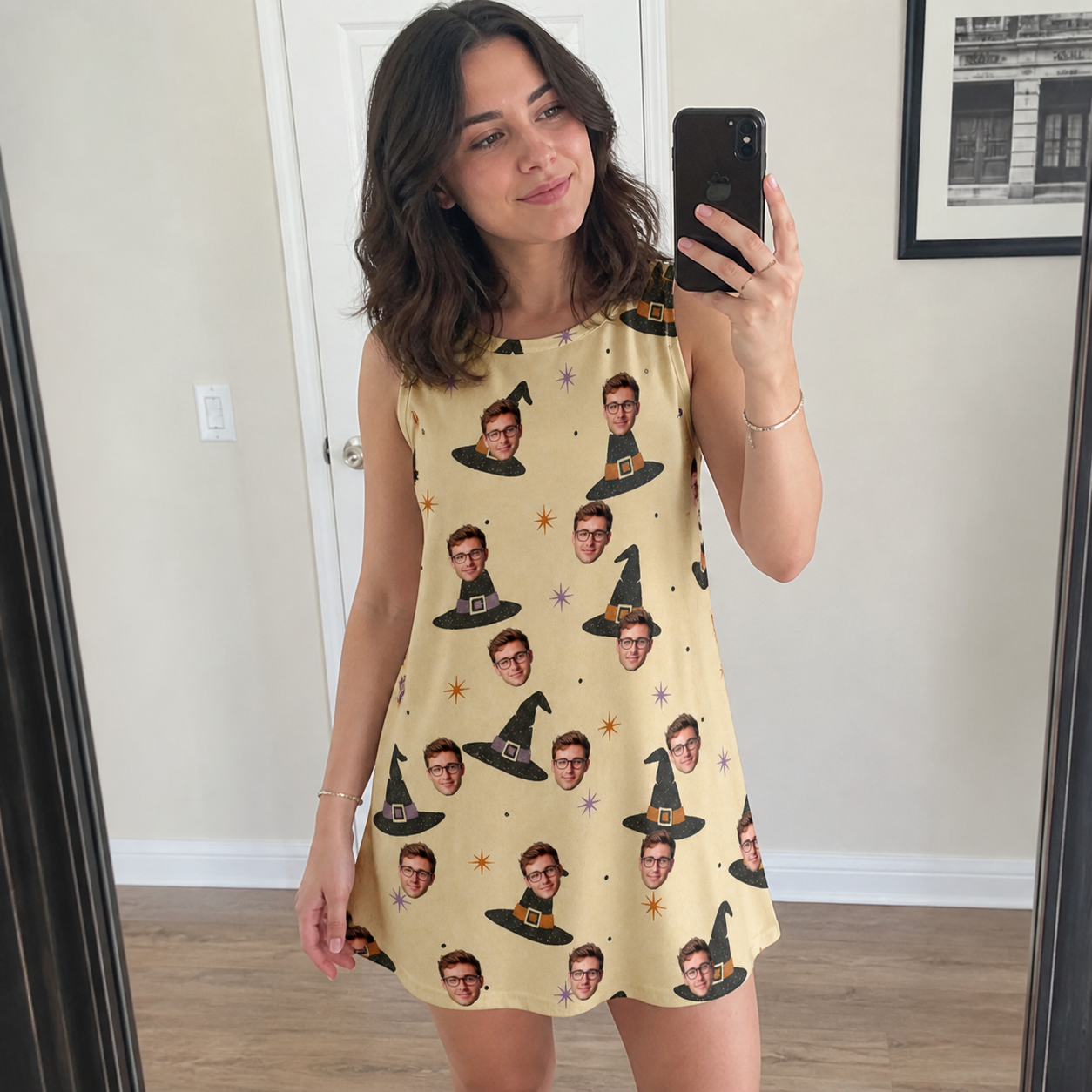 Real-life photo of someone wearing Women's Spellbound Spires Custom Face Tank Dress — custom faces printed all-over