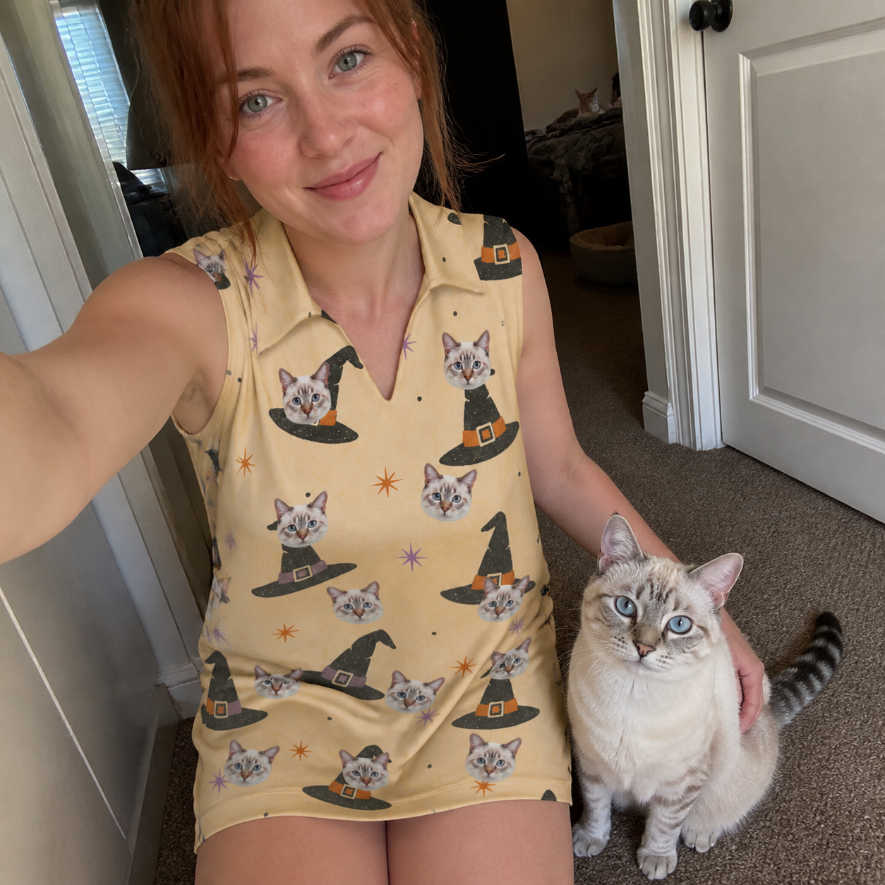 Selfie with the pet whose face is printed all over this Women's Spellbound Spires Custom Cat Face V-Neck Dress