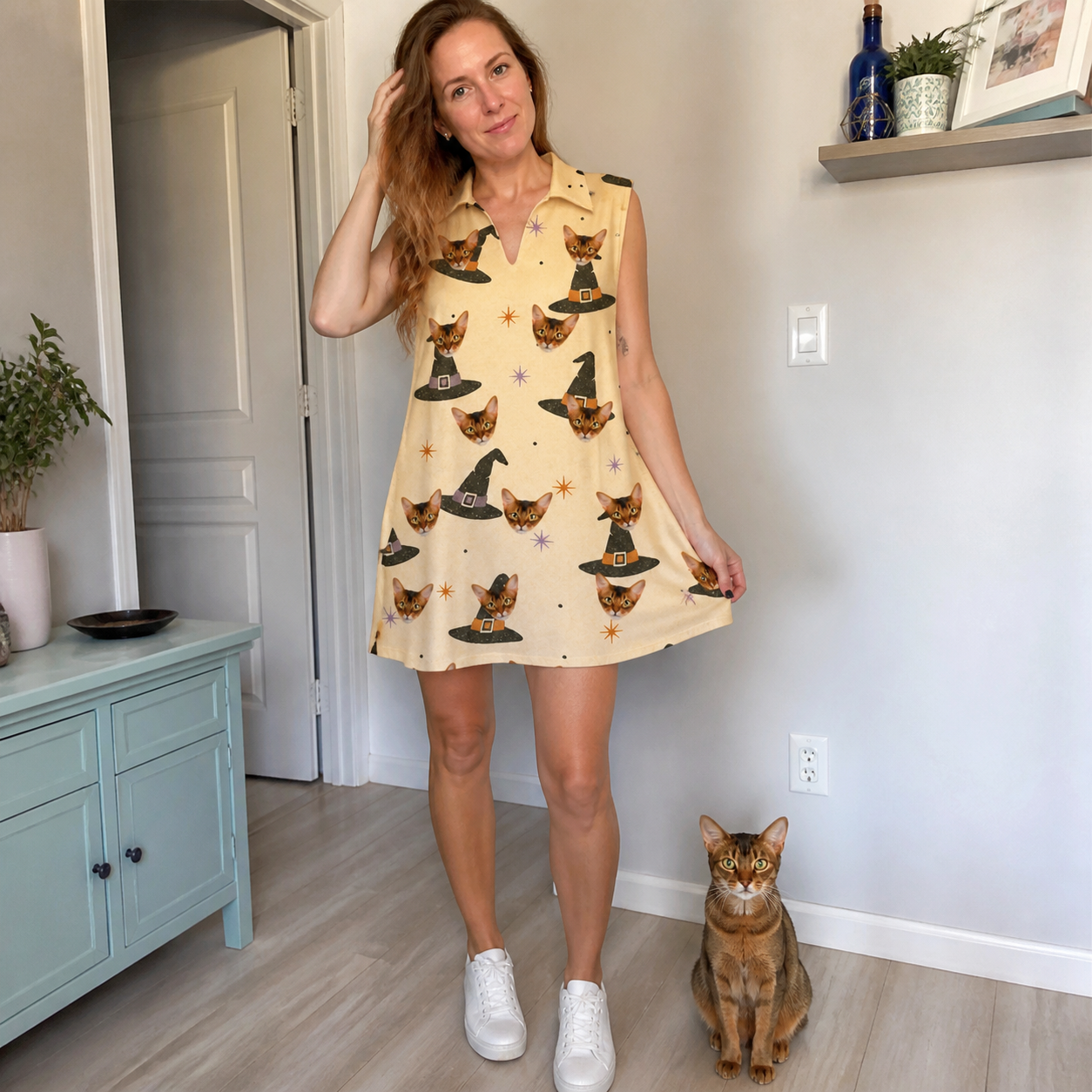 Full-length photo with the pet printed all over this Women's Spellbound Spires Custom Cat Face V-Neck Dress