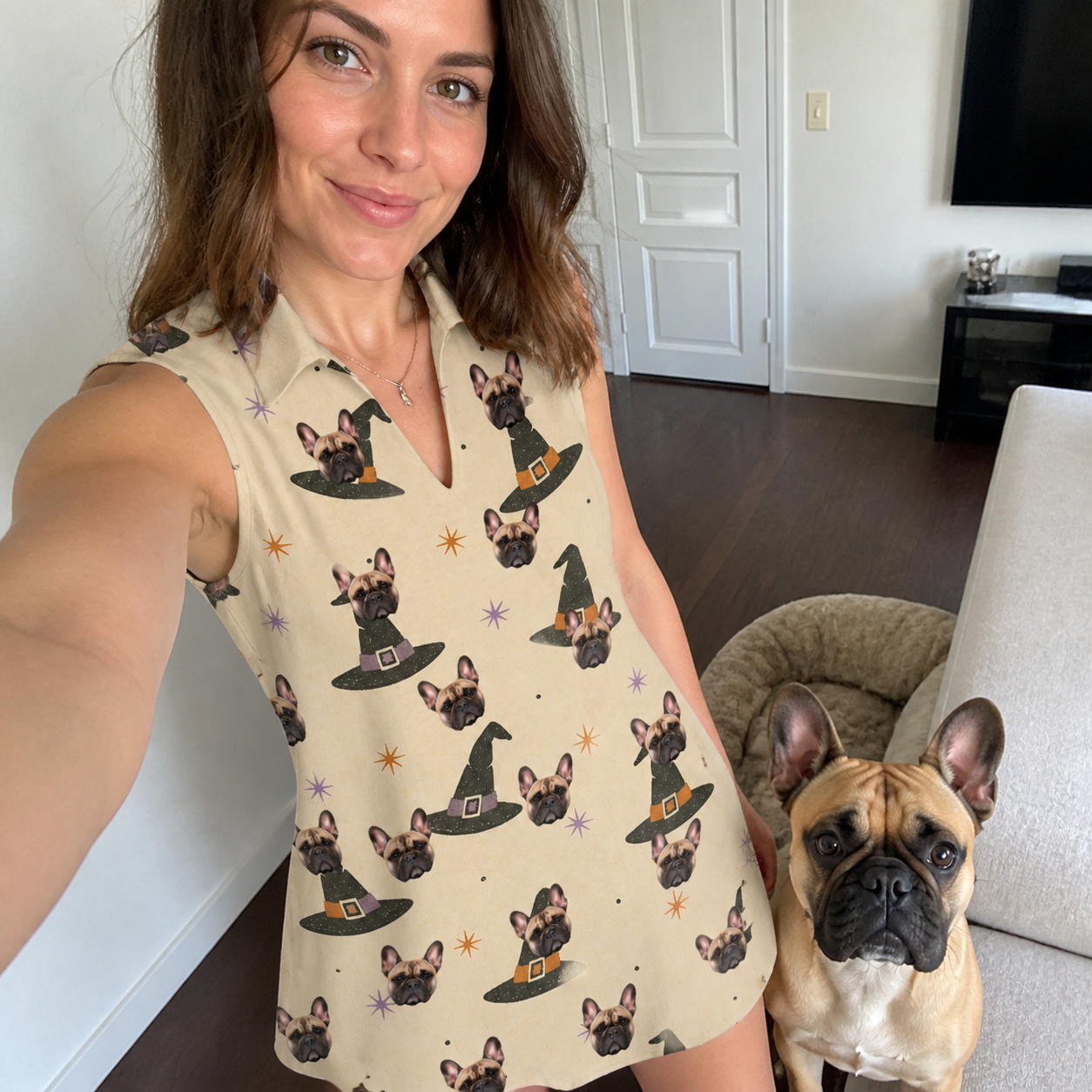 Selfie with the pet whose face is printed all over this Women's Spellbound Spires Custom Dog Face V-Neck Dress