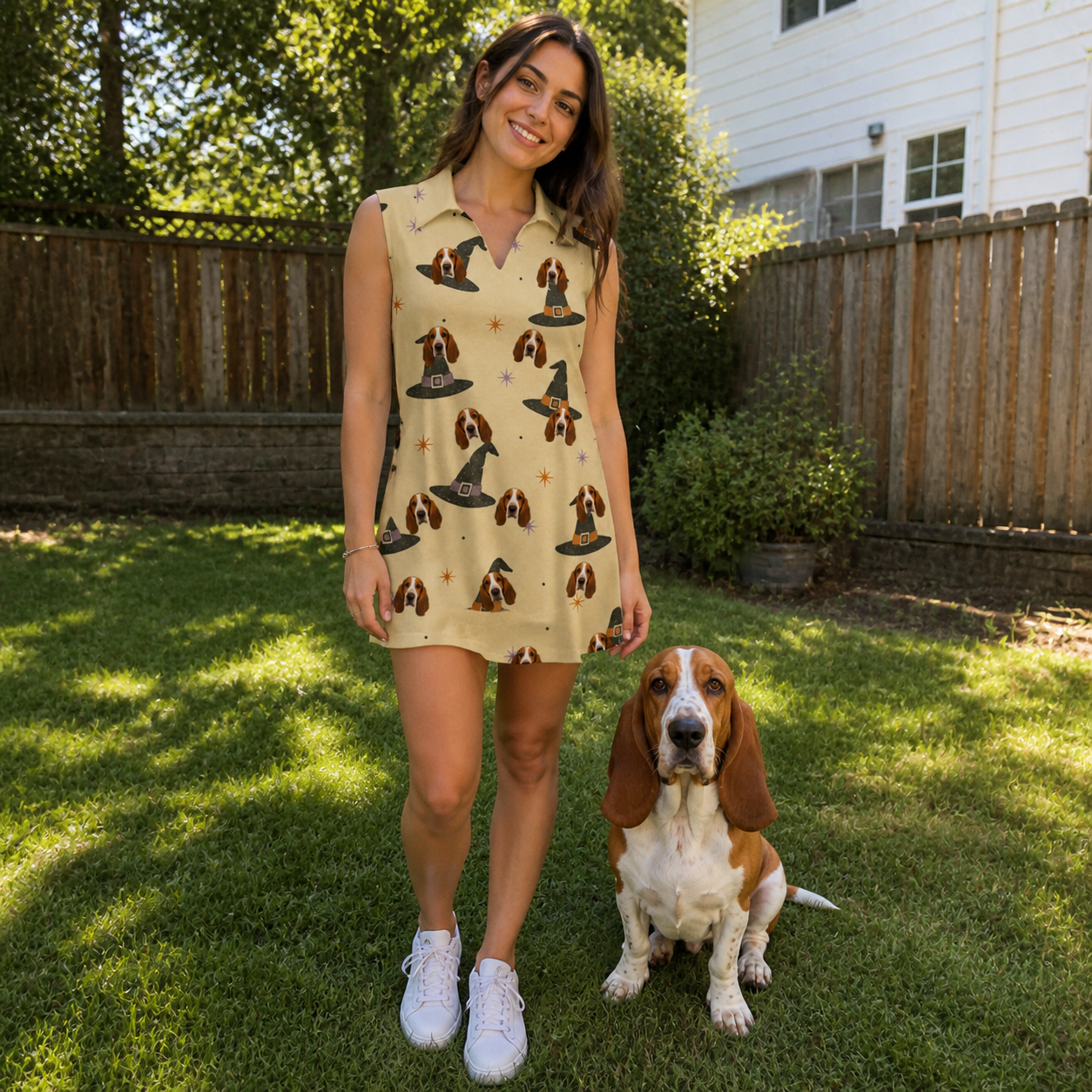 Full-length photo with the pet printed all over this Women's Spellbound Spires Custom Dog Face V-Neck Dress