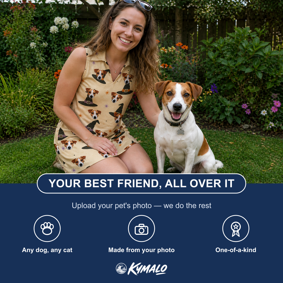 Friends in matching Women's Spellbound Spires Custom Dog Face V-Neck Dress — a group gift photo