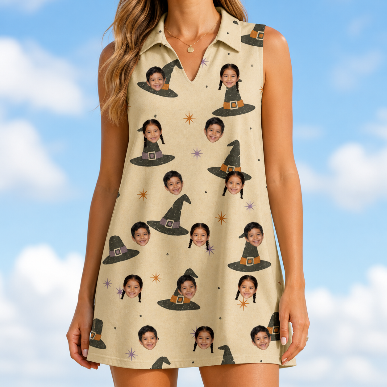 Model wearing Women's Spellbound Spires Custom Face V-Neck Dress printed with kids' faces