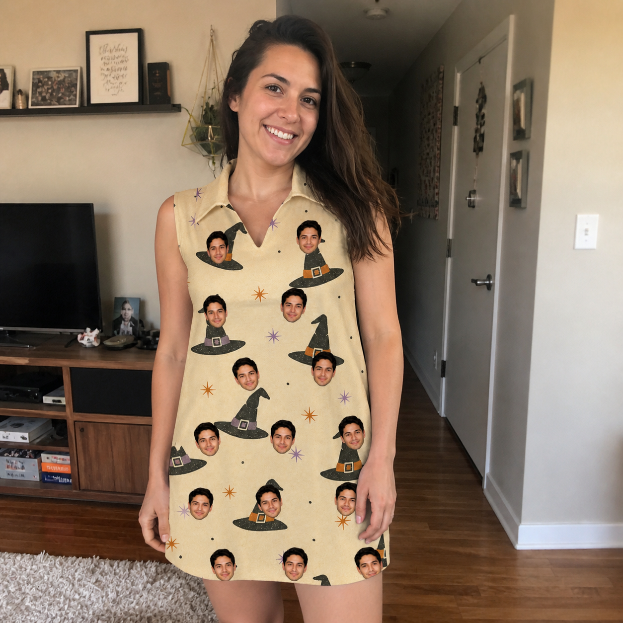 Real-life photo of someone wearing Women's Spellbound Spires Custom Face V-Neck Dress — custom faces printed all-over