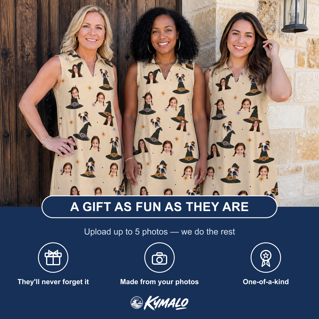Friends in matching Women's Spellbound Spires Custom Face V-Neck Dress — a group gift photo
