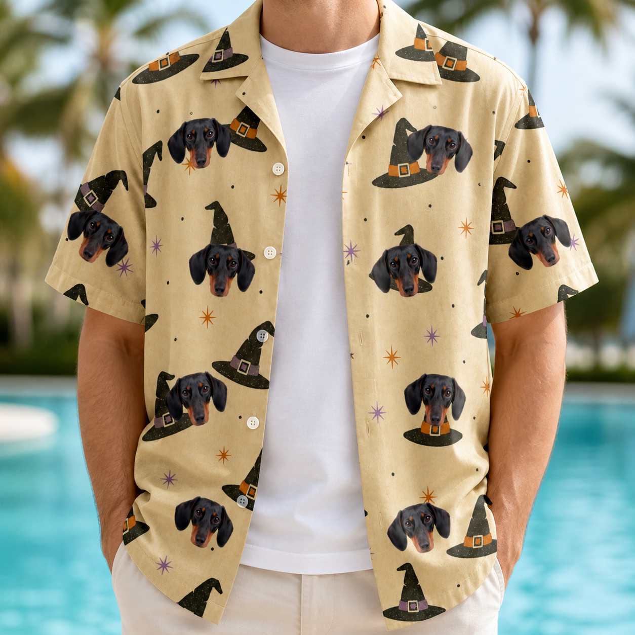 Man wearing Men's Spellbound Spires Custom Dog Face Hawaiian Shirt open over a white tee
