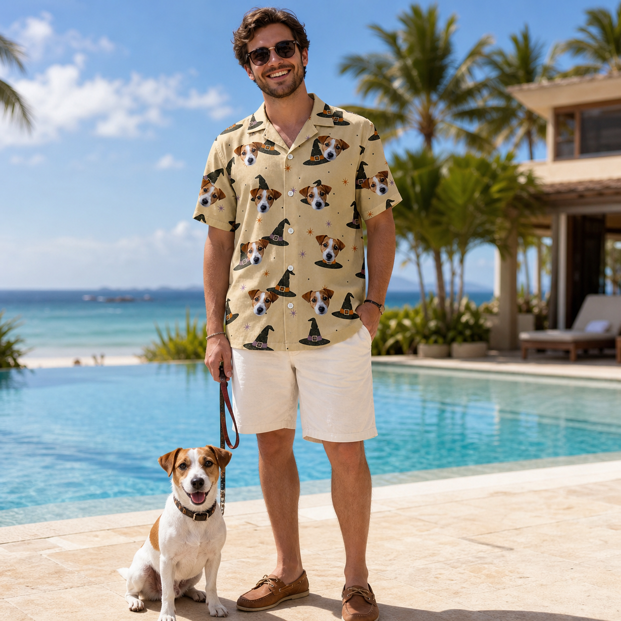 Full-length photo with the pet printed all over this Men's Spellbound Spires Custom Dog Face Hawaiian Shirt
