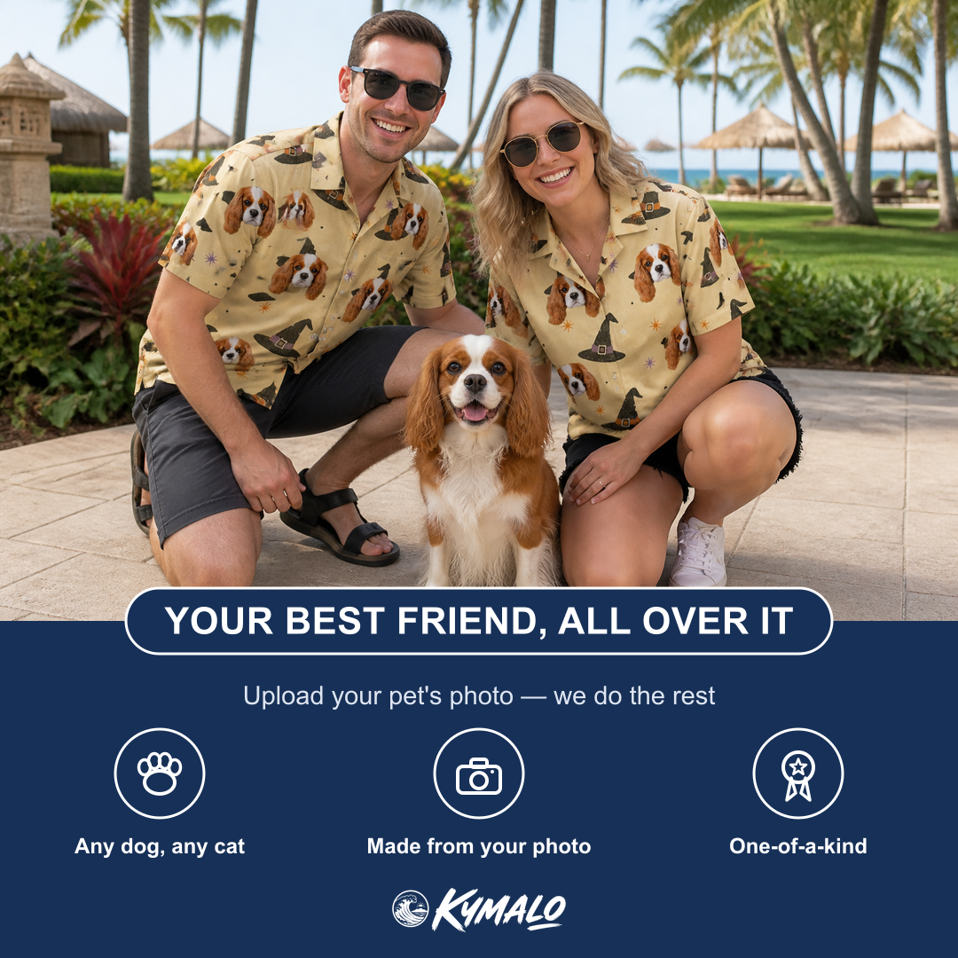 Friends in matching Men's Spellbound Spires Custom Dog Face Hawaiian Shirt — a group gift photo