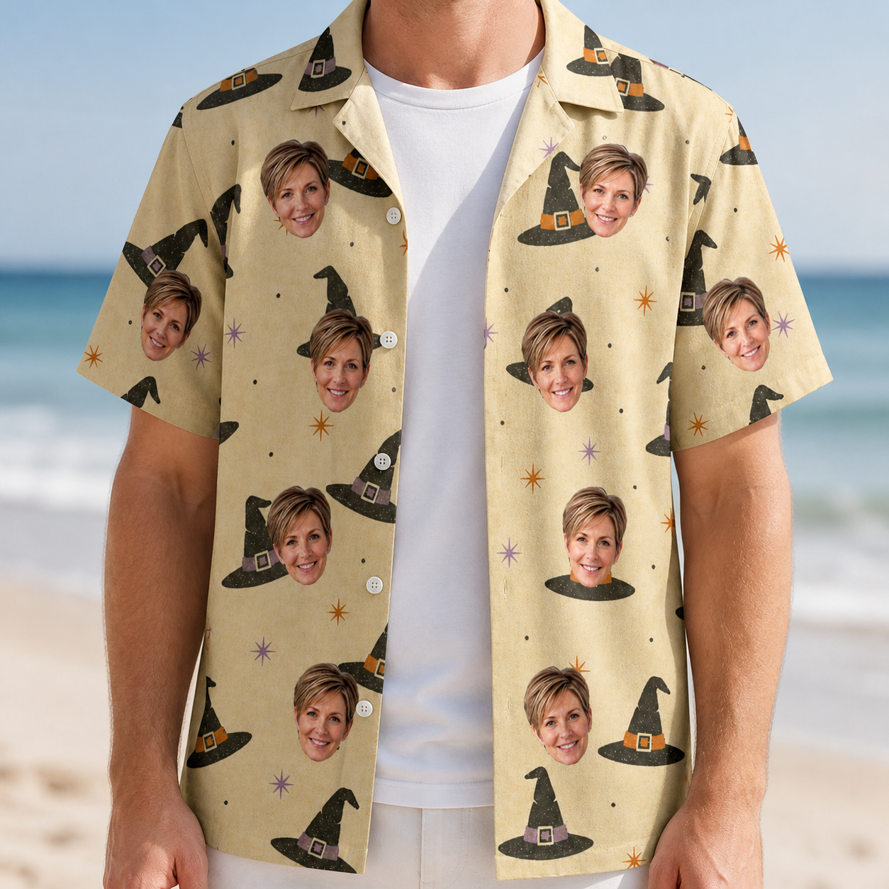 Man wearing Men's Spellbound Spires Custom Face Hawaiian Shirt open over a white tee