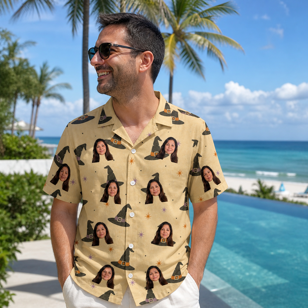 Real-life photo of someone wearing Men's Spellbound Spires Custom Face Hawaiian Shirt — custom faces printed all-over