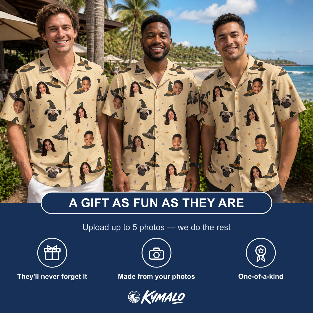 Friends in matching Men's Spellbound Spires Custom Face Hawaiian Shirt — a group gift photo
