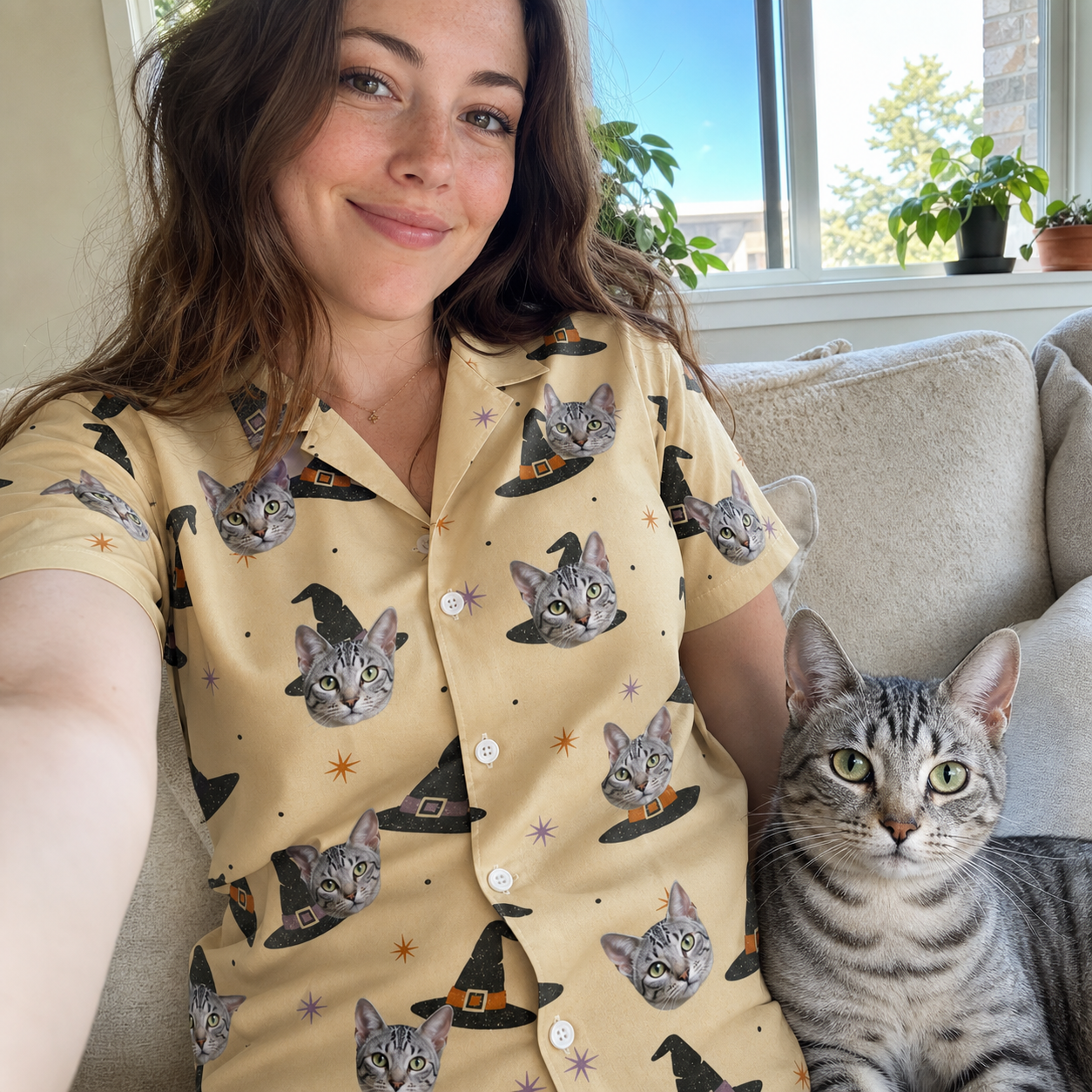 Selfie with the pet whose face is printed all over this Women's Spellbound Spires Custom Cat Face Hawaiian Shirt