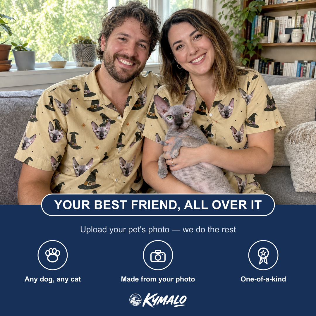 Friends in matching Women's Spellbound Spires Custom Cat Face Hawaiian Shirt — a group gift photo