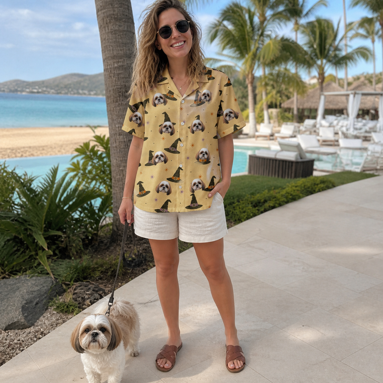 Full-length photo with the pet printed all over this Women's Spellbound Spires Custom Dog Face Hawaiian Shirt