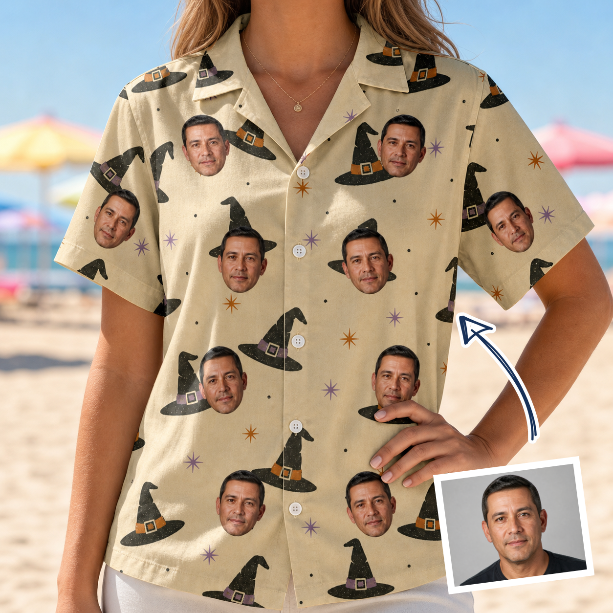 Woman wearing Women's Spellbound Spires Custom Face Hawaiian Shirt — custom faces printed all-over