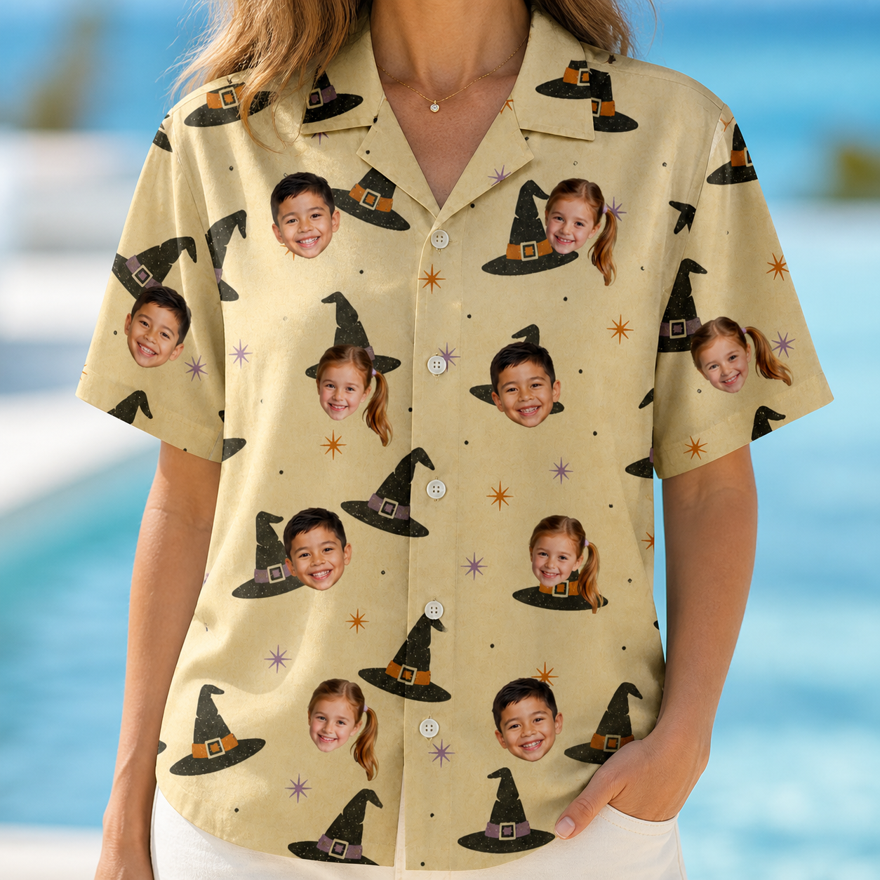 Model wearing Women's Spellbound Spires Custom Face Hawaiian Shirt printed with kids' faces