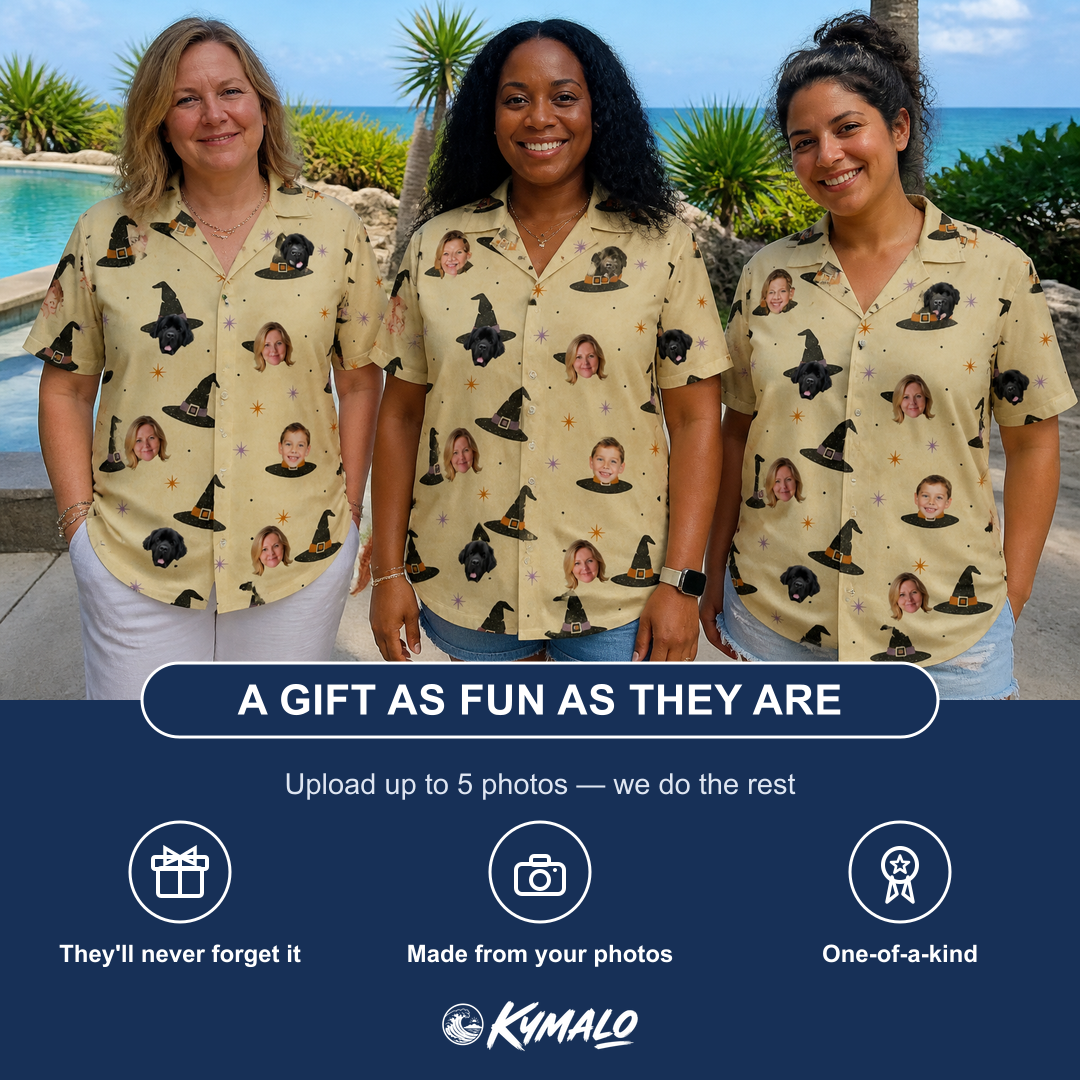 Friends in matching Women's Spellbound Spires Custom Face Hawaiian Shirt — a group gift photo