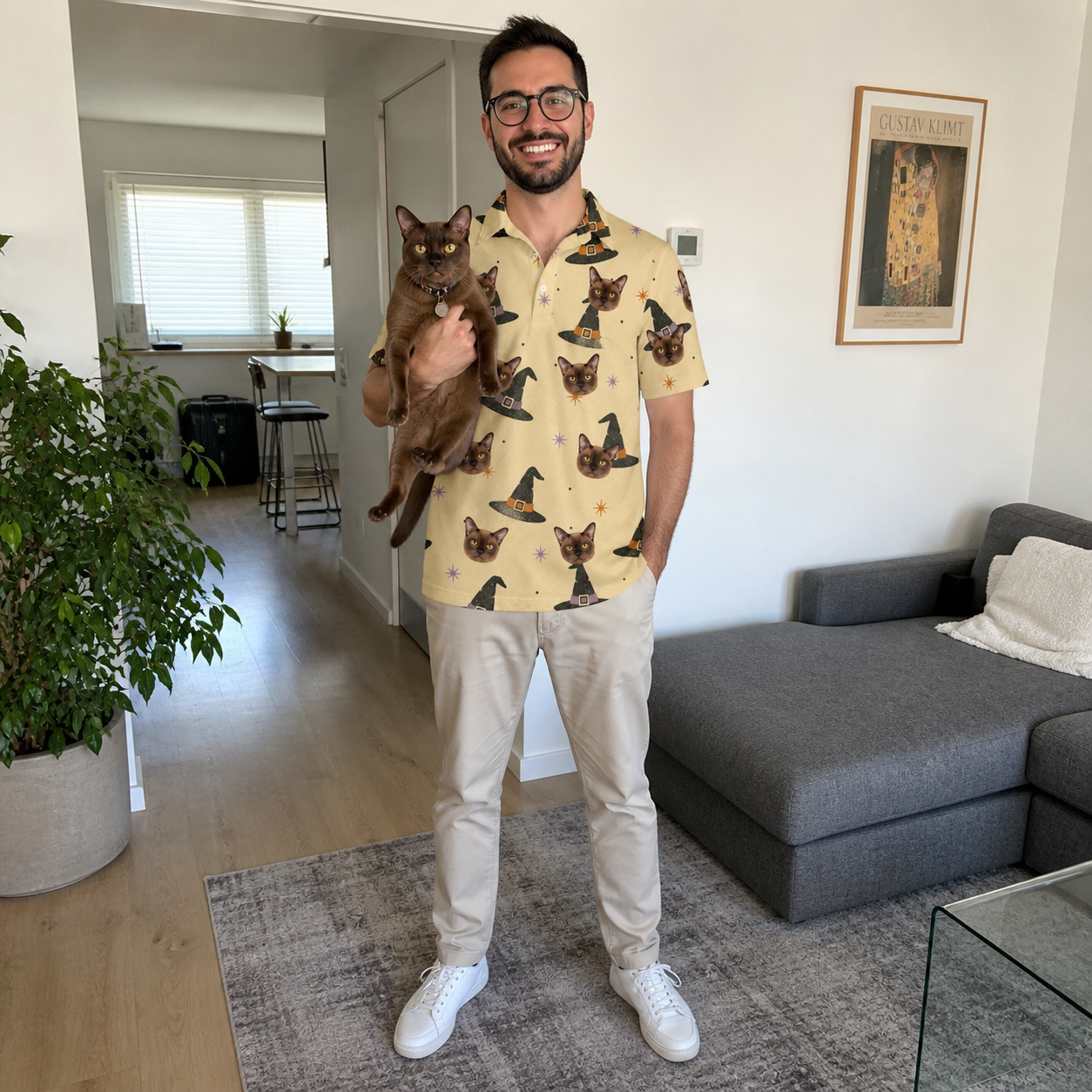Full-length photo with the pet printed all over this Men's Spellbound Spires Custom Cat Face Polo Shirt