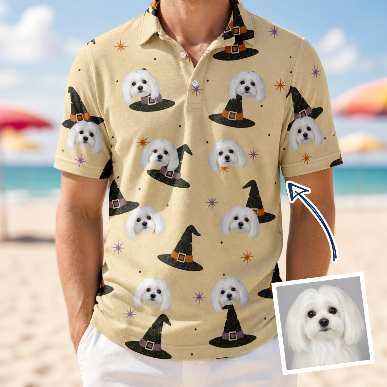 Man wearing Men's Spellbound Spires Custom Dog Face Polo Shirt — custom faces printed all-over
