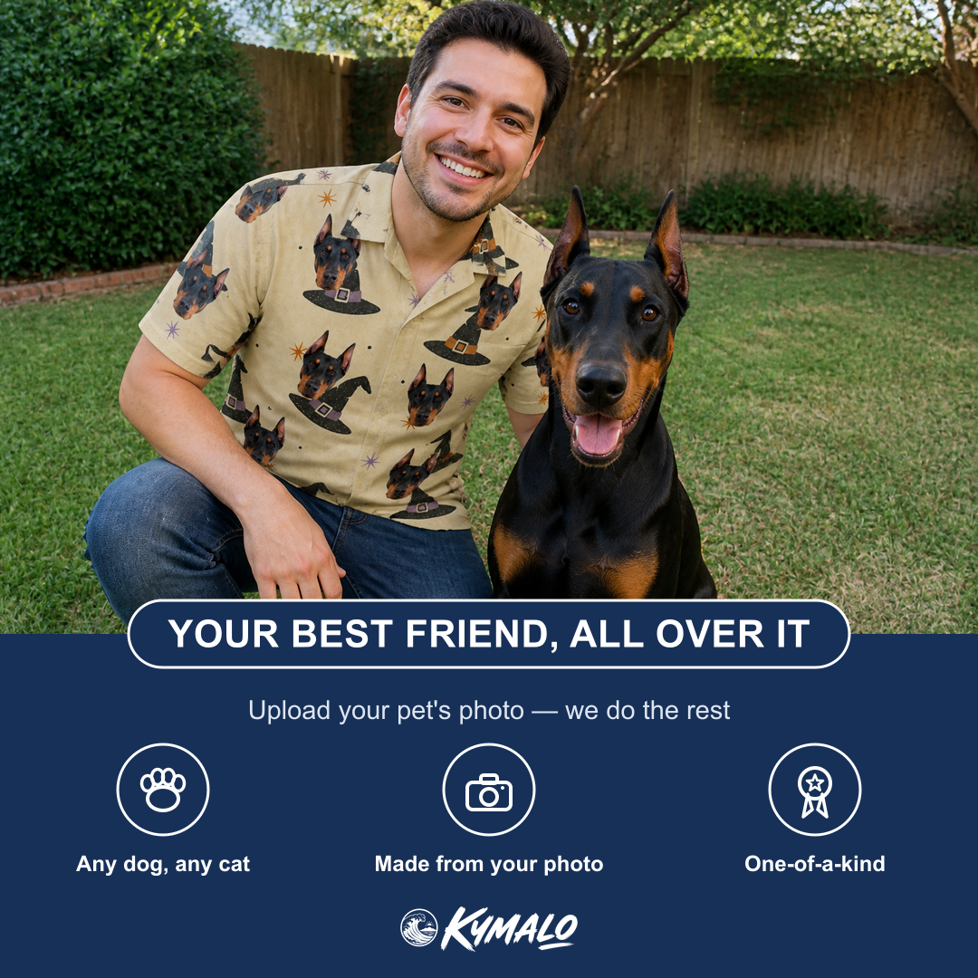 Friends in matching Men's Spellbound Spires Custom Dog Face Polo Shirt — a group gift photo