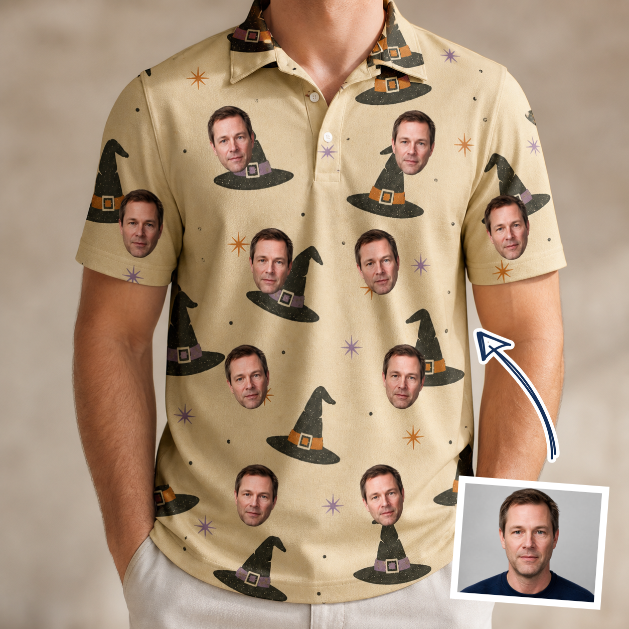 Man wearing Men's Spellbound Spires Custom Face Polo Shirt — custom faces printed all-over