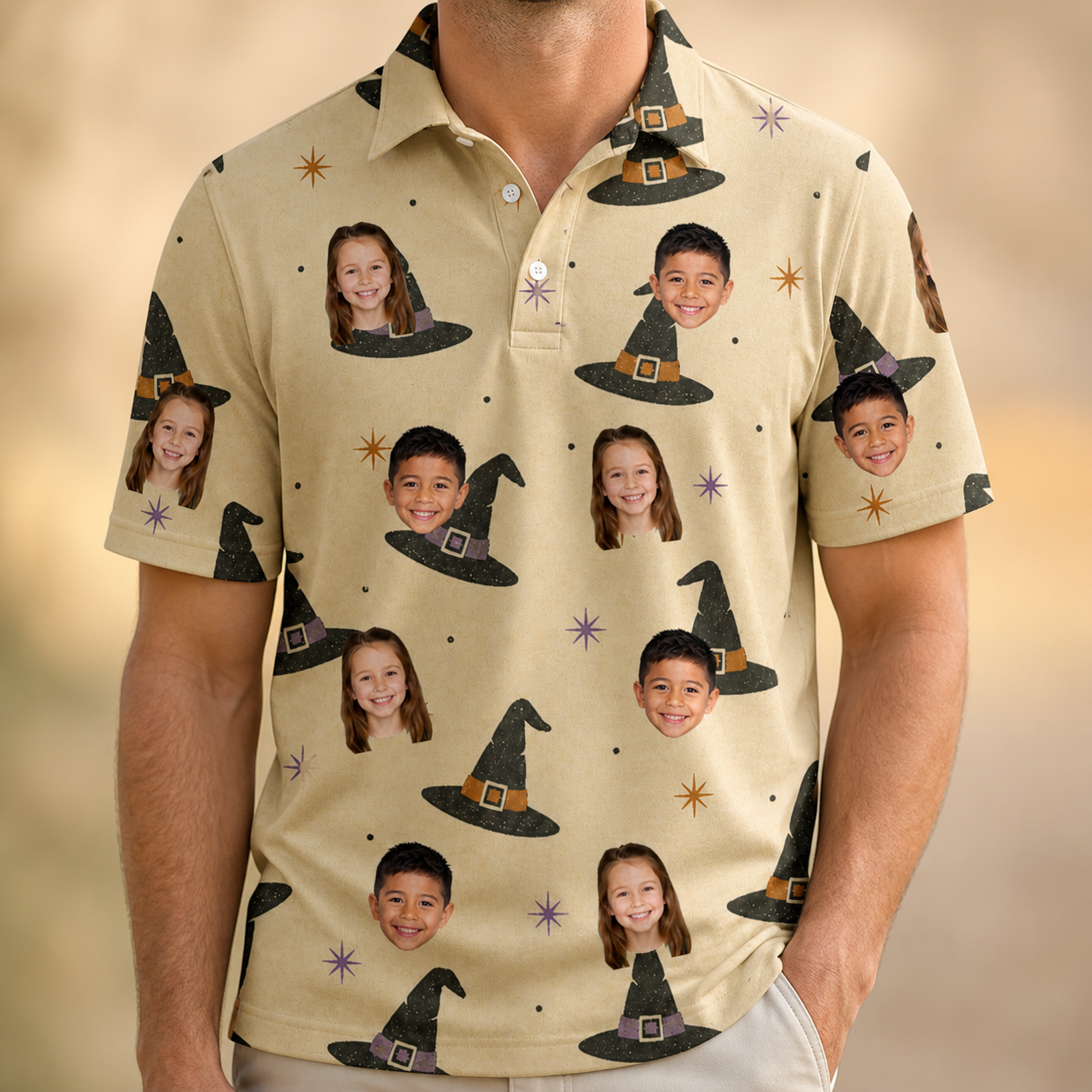 Model wearing Men's Spellbound Spires Custom Face Polo Shirt printed with kids' faces