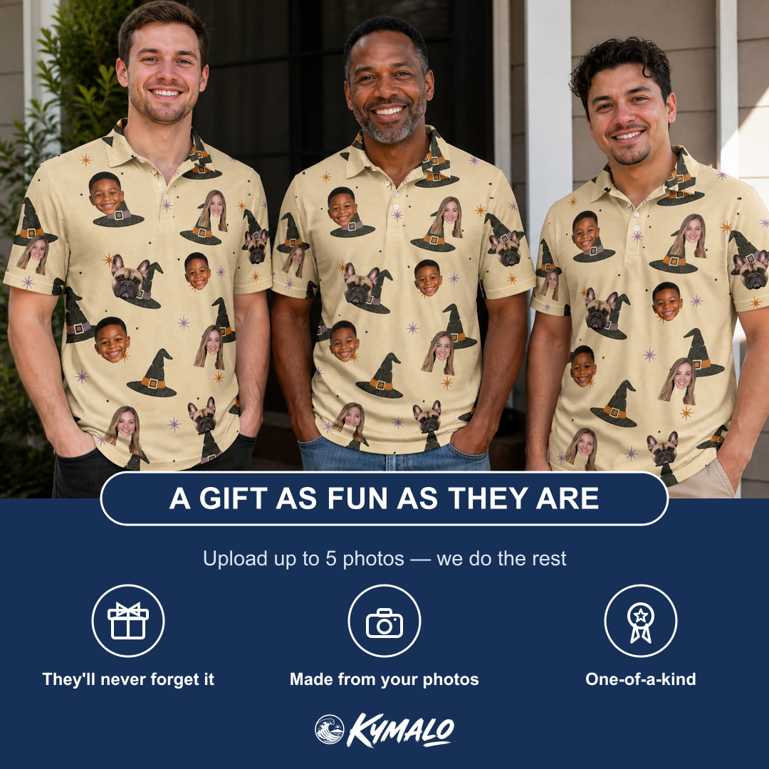 Friends in matching Men's Spellbound Spires Custom Face Polo Shirt — a group gift photo