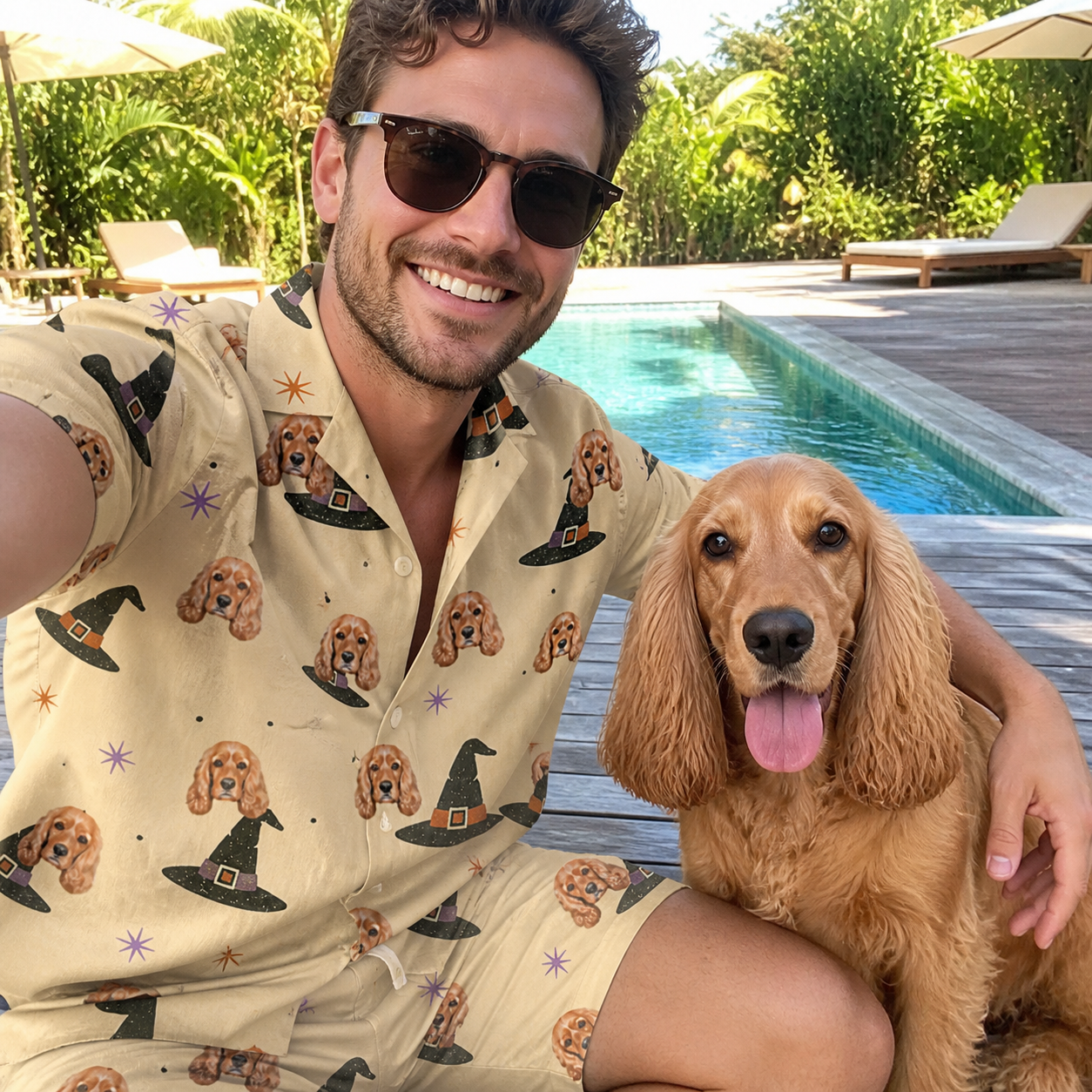 Selfie with the pet whose face is printed all over this Men's Spellbound Spires Custom Dog Face Shirt & Shorts Set
