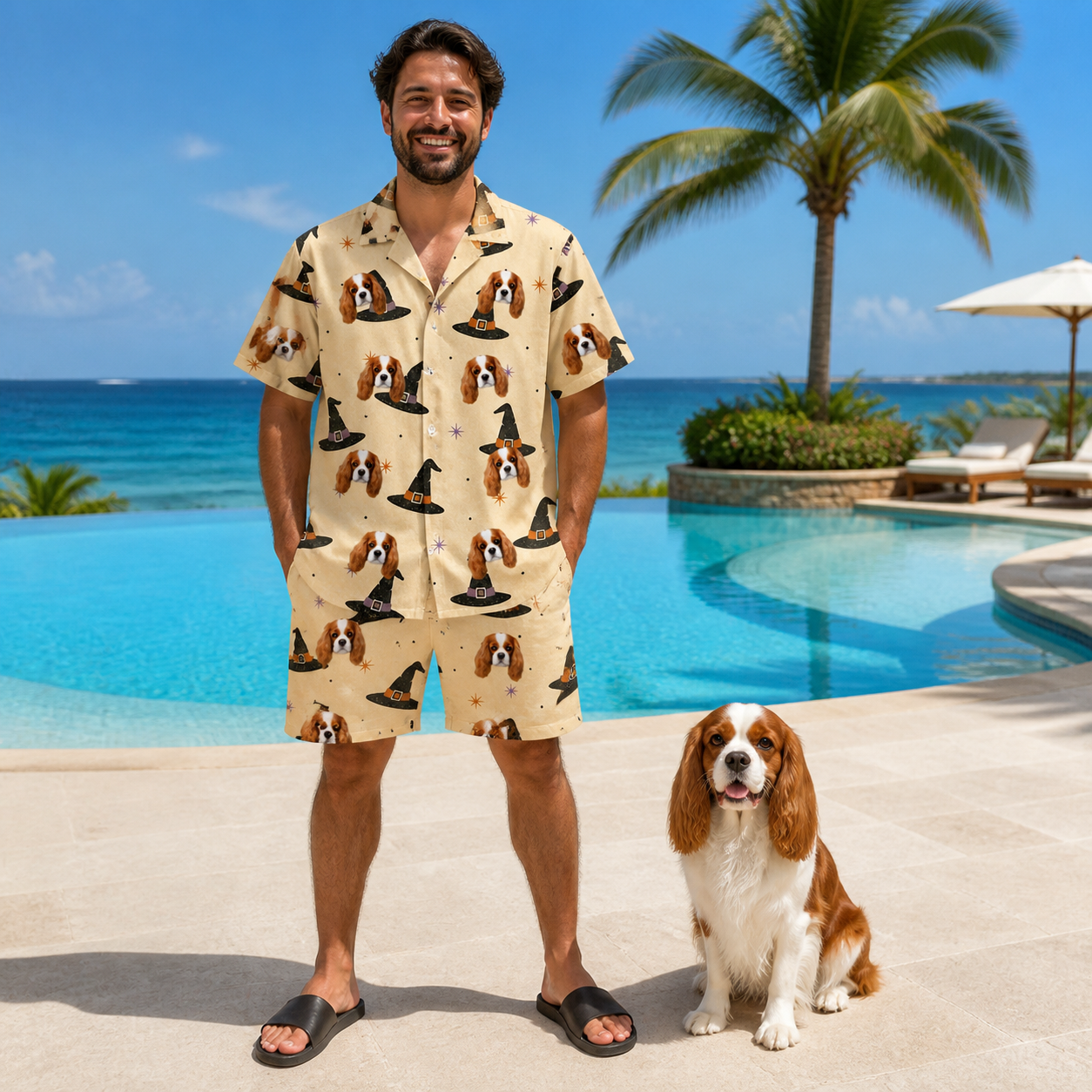 Full-length photo with the pet printed all over this Men's Spellbound Spires Custom Dog Face Shirt & Shorts Set