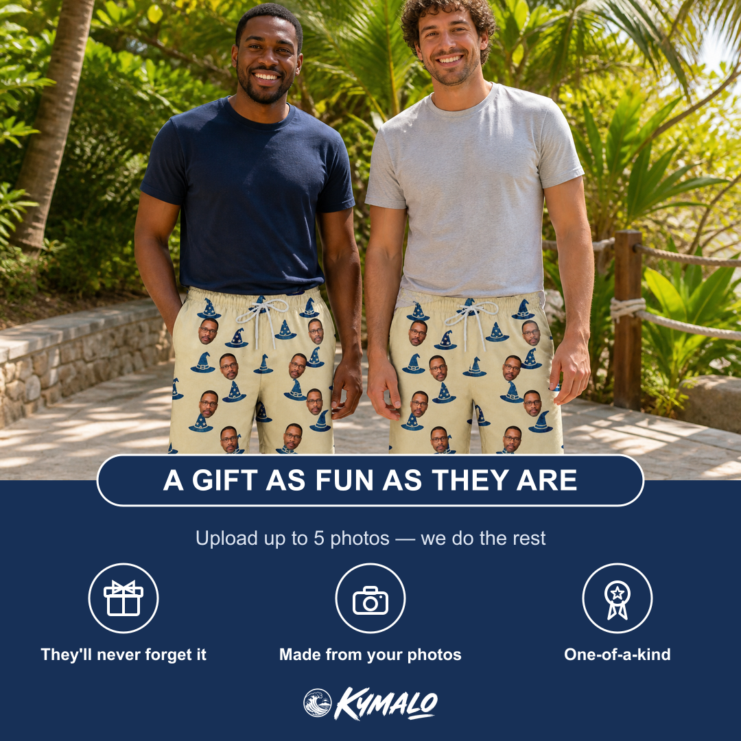 Friends in matching Men's Witchy Whirl Custom Face Beach Shorts — a group gift photo