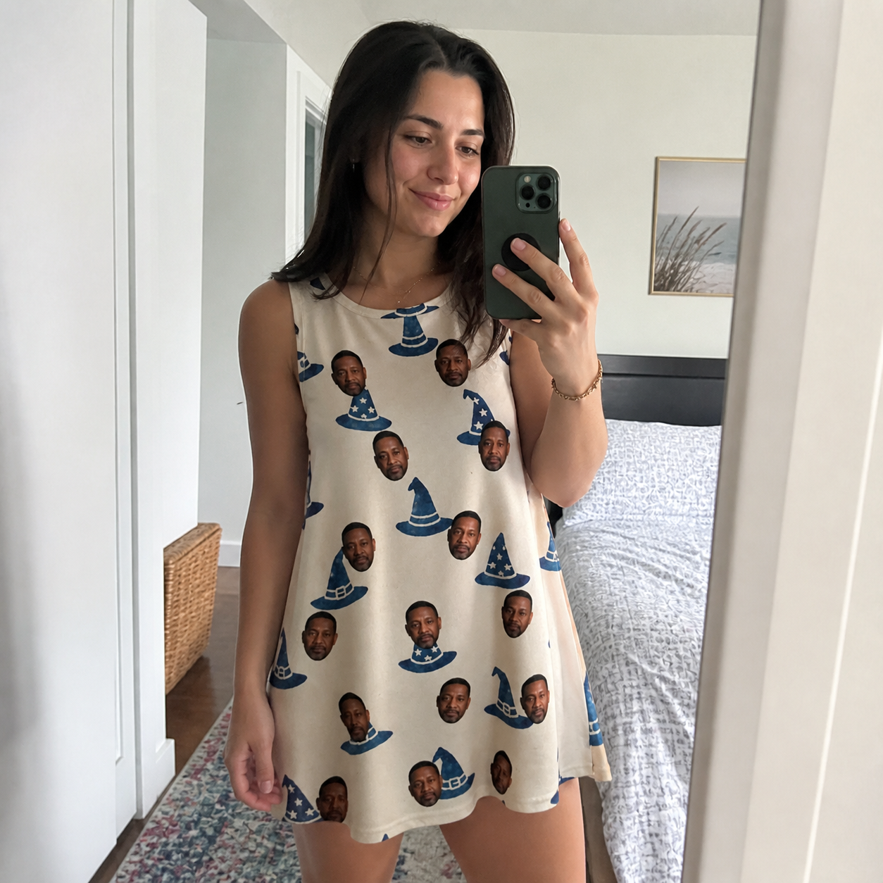 Real-life photo of someone wearing Women's Witchy Whirl Custom Face Tank Dress — custom faces printed all-over