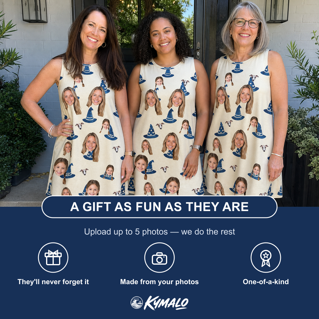 Friends in matching Women's Witchy Whirl Custom Face Tank Dress — a group gift photo