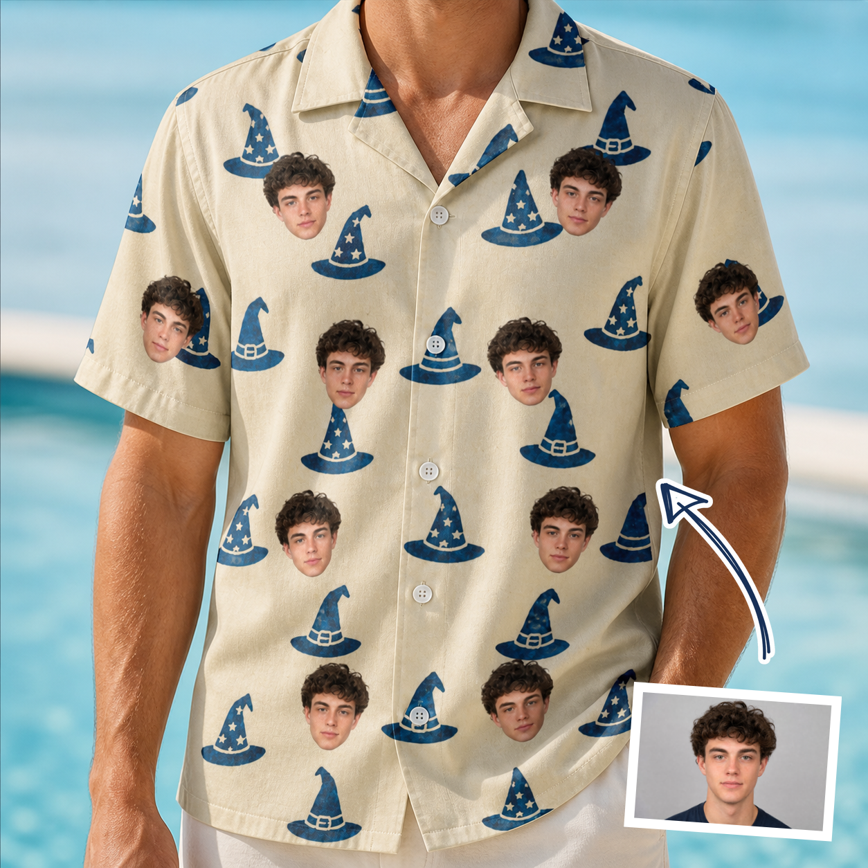 Man wearing Men's Witchy Whirl Custom Face Hawaiian Shirt — custom faces printed all-over
