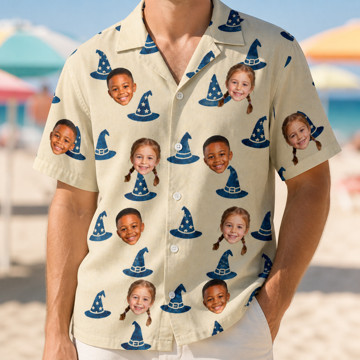 Model wearing Men's Witchy Whirl Custom Face Hawaiian Shirt printed with kids' faces