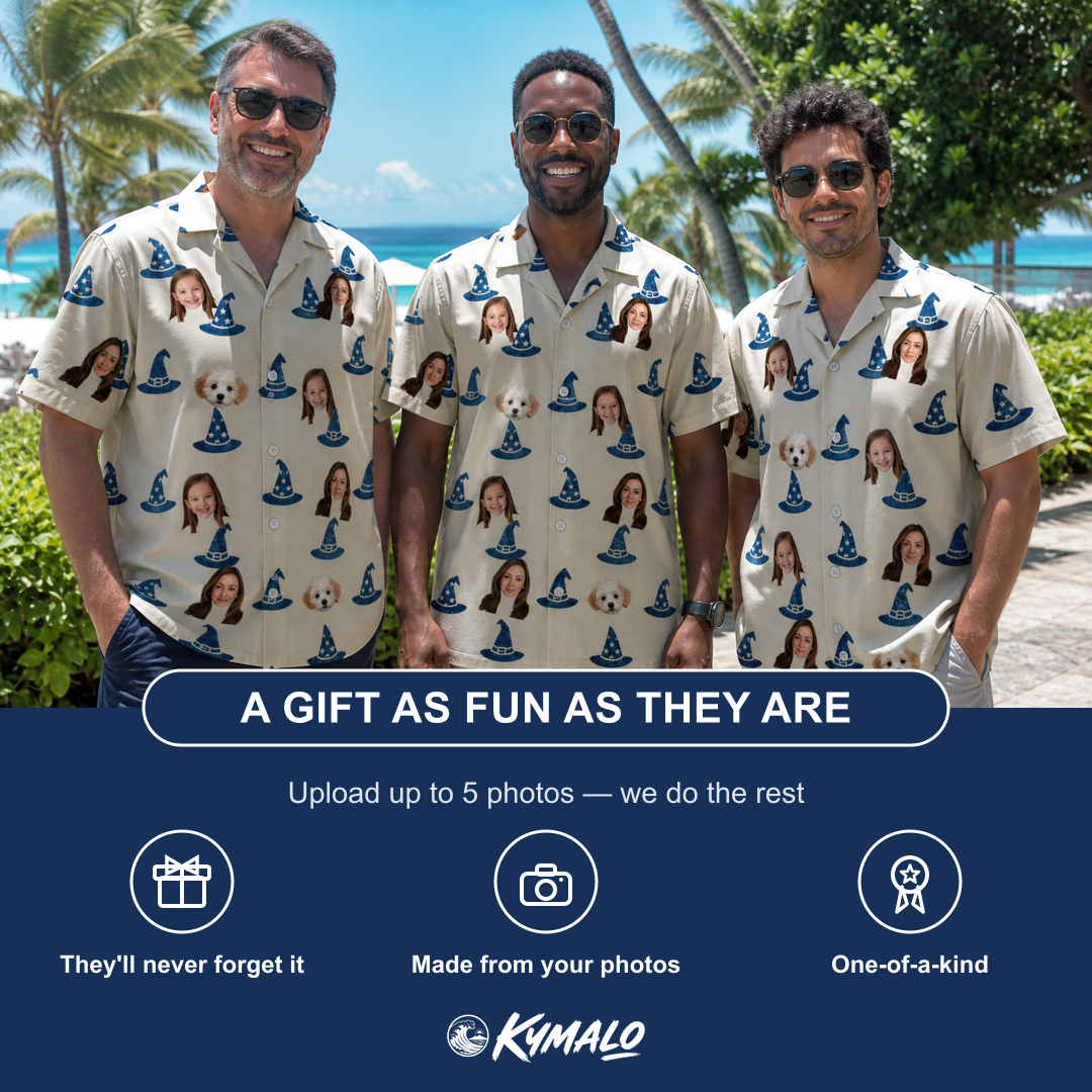 Friends in matching Men's Witchy Whirl Custom Face Hawaiian Shirt — a group gift photo