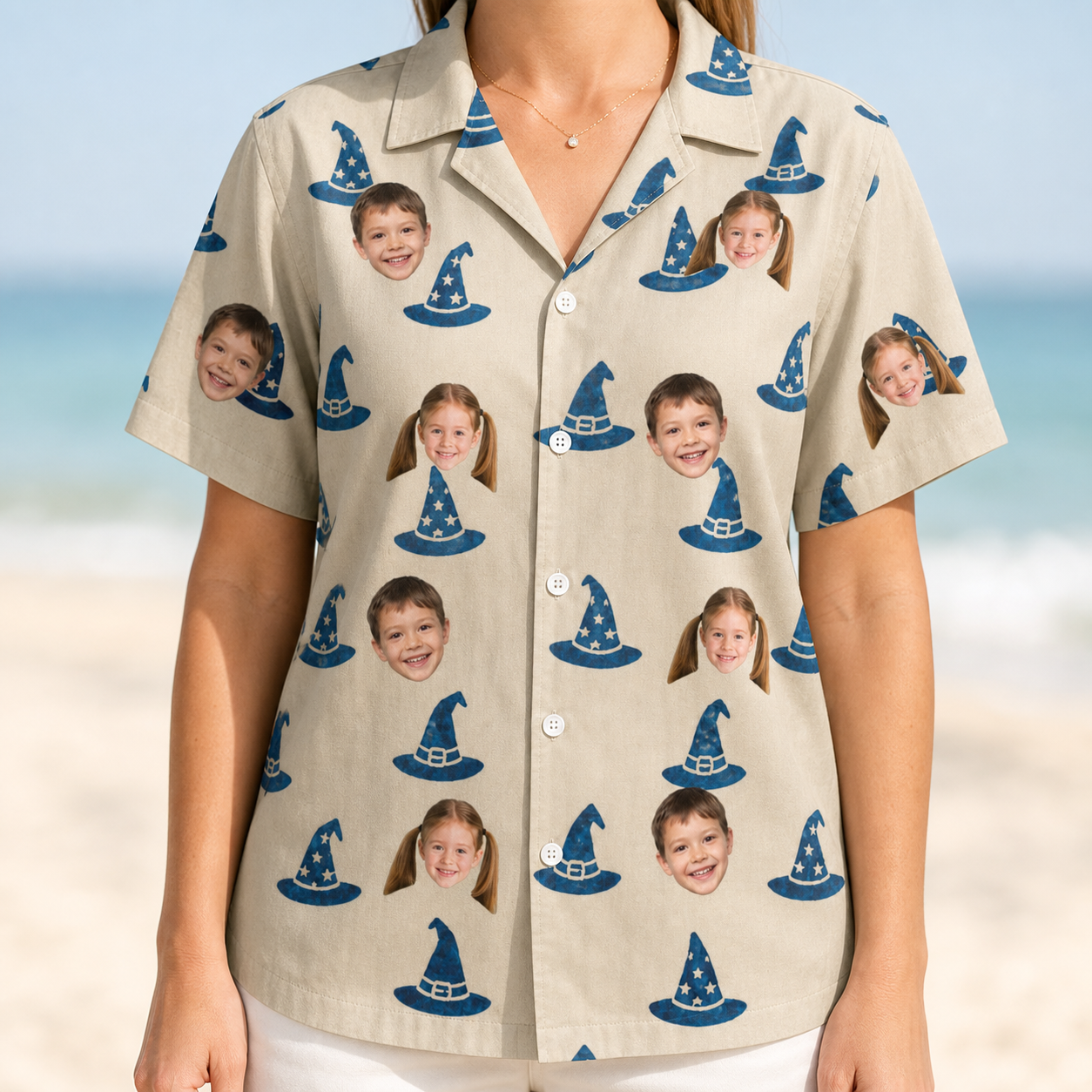 Model wearing Women's Witchy Whirl Custom Face Hawaiian Shirt printed with kids' faces