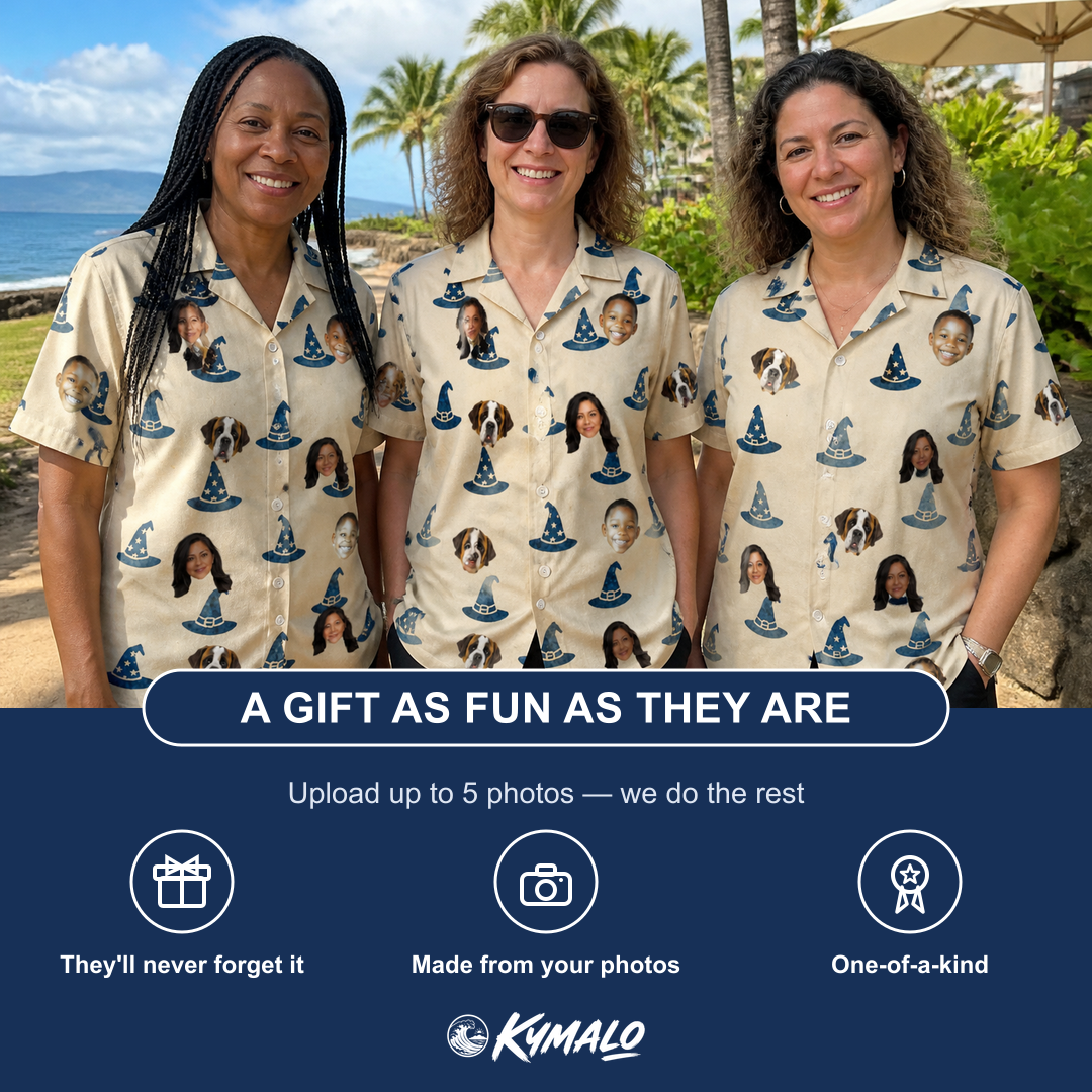 Friends in matching Women's Witchy Whirl Custom Face Hawaiian Shirt — a group gift photo