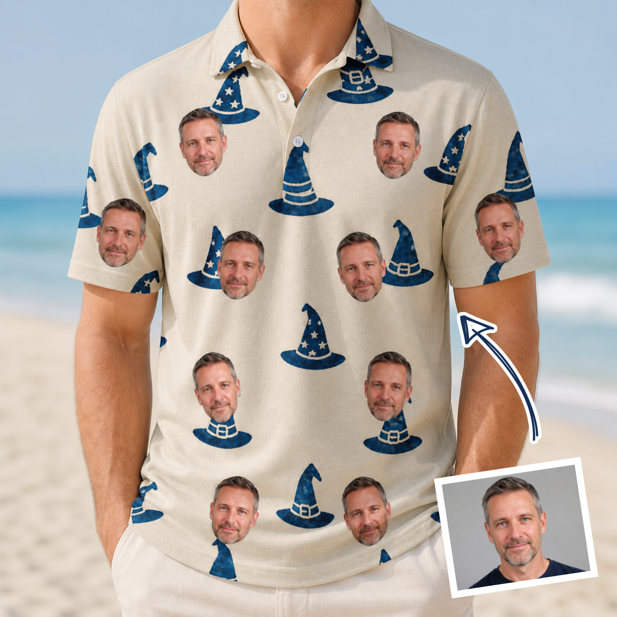 Man wearing Men's Witchy Whirl Custom Face Polo Shirt — custom faces printed all-over
