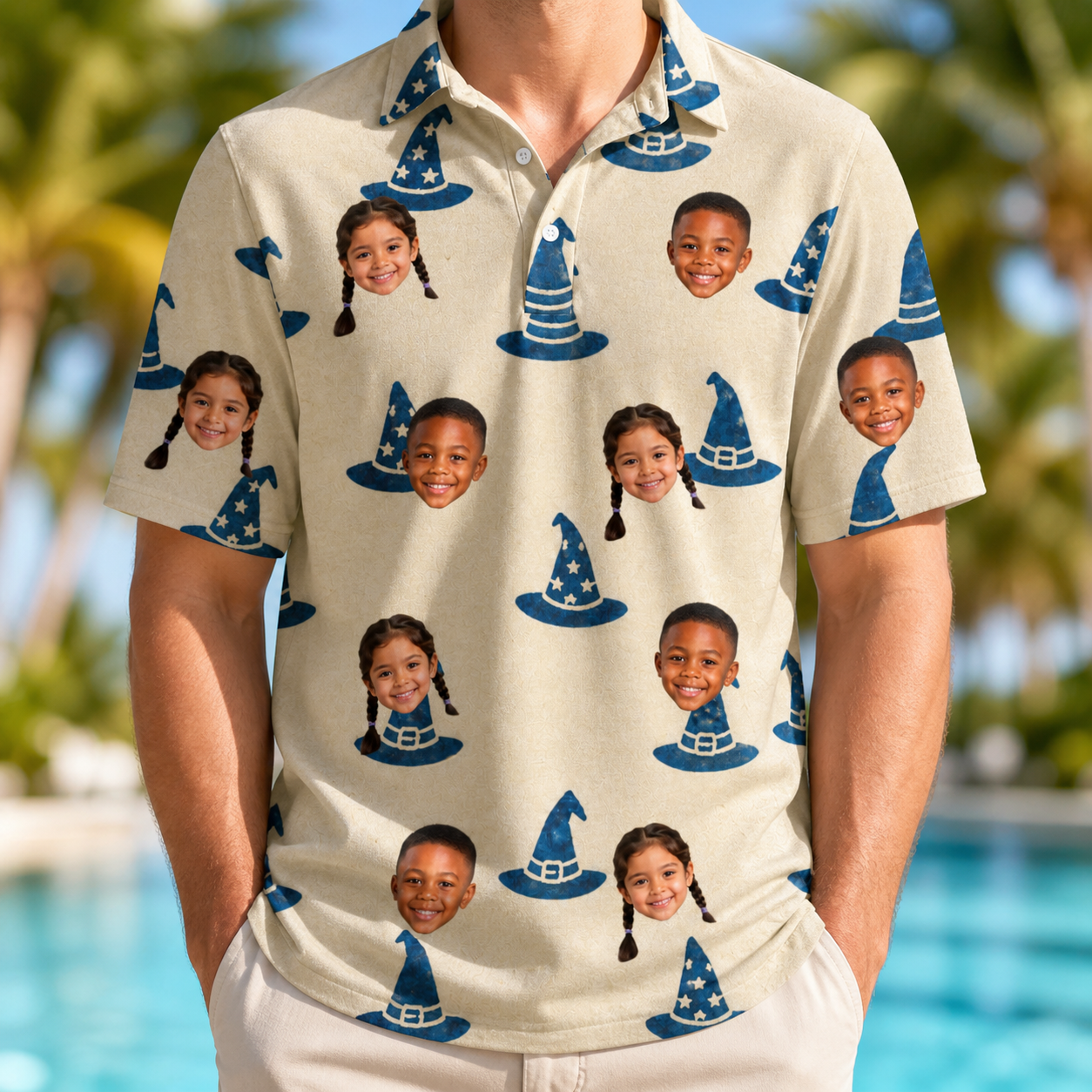 Model wearing Men's Witchy Whirl Custom Face Polo Shirt printed with kids' faces