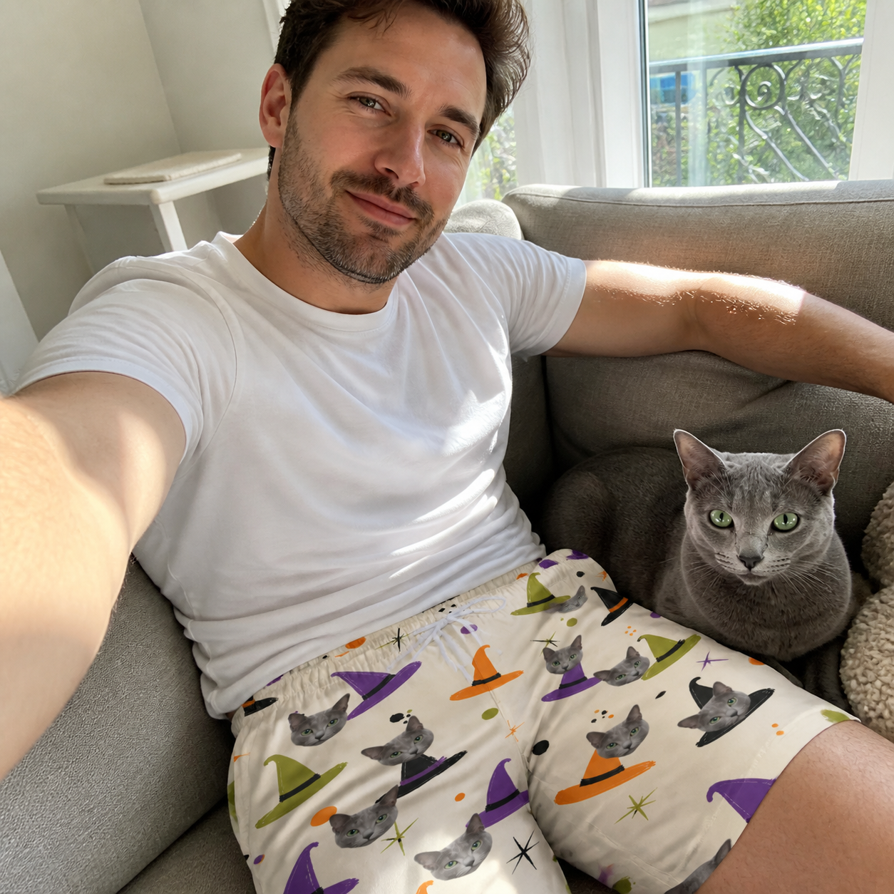 Selfie with the pet whose face is printed all over this Men's Hexed Headwear Custom Cat Face Beach Shorts