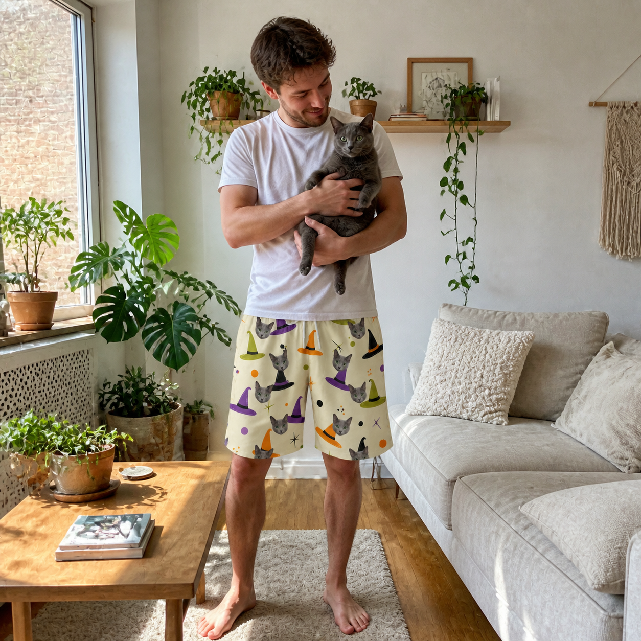 Full-length photo with the pet printed all over this Men's Hexed Headwear Custom Cat Face Beach Shorts