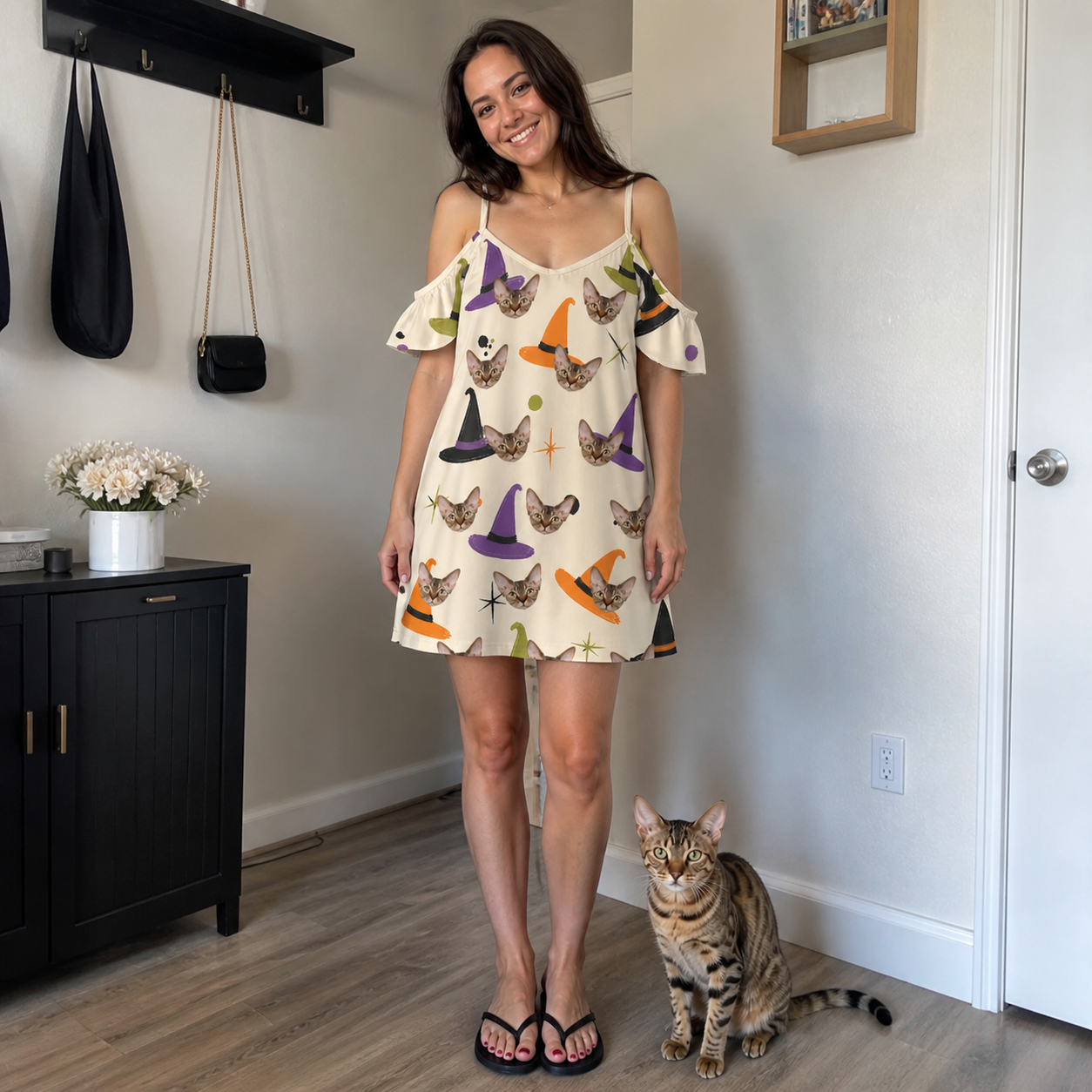 Full-length photo with the pet printed all over this Women's Hexed Headwear Custom Cat Face Off-Shoulder Dress