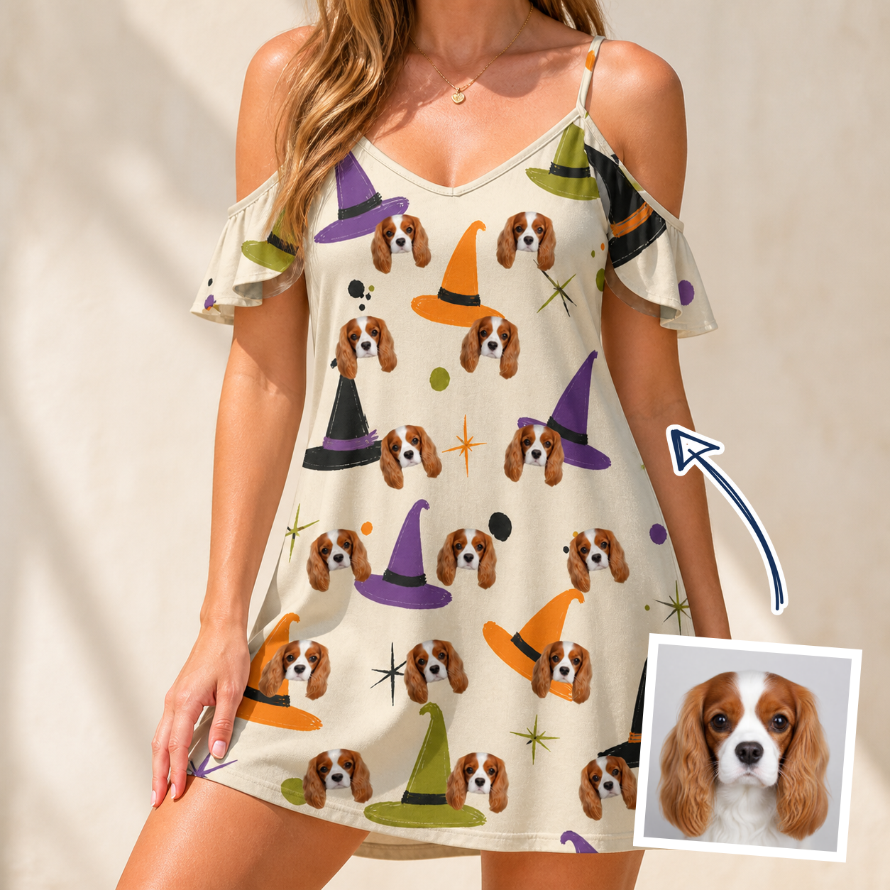 Woman wearing Women's Hexed Headwear Custom Dog Face Off-Shoulder Dress — custom faces printed all-over