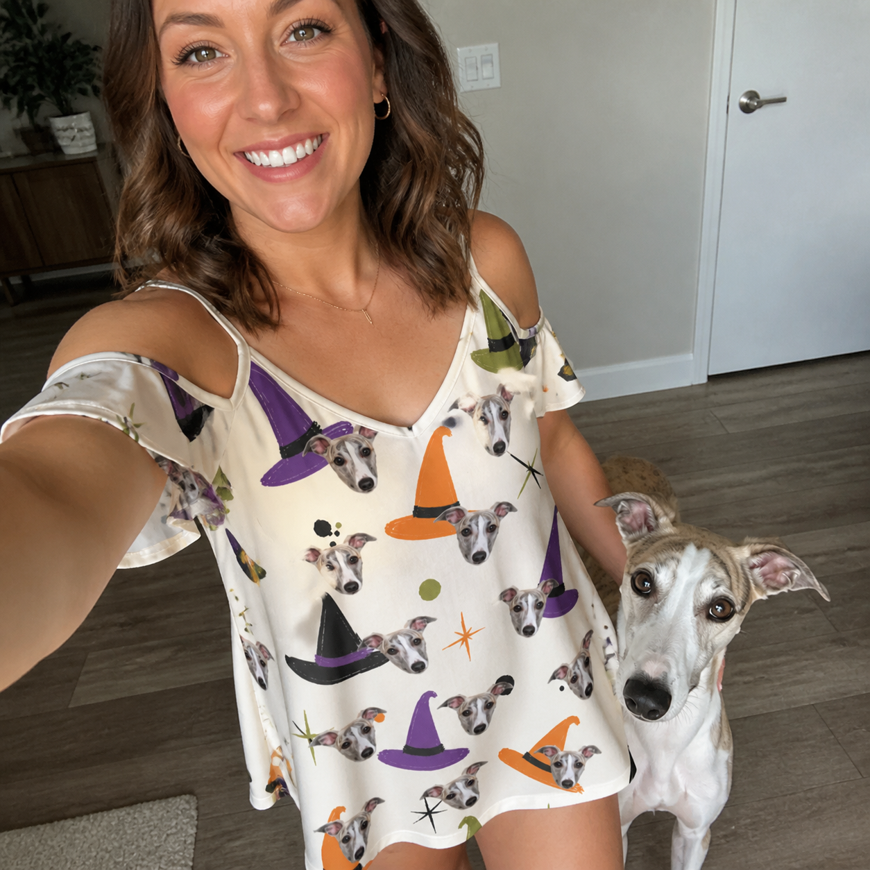 Selfie with the pet whose face is printed all over this Women's Hexed Headwear Custom Dog Face Off-Shoulder Dress