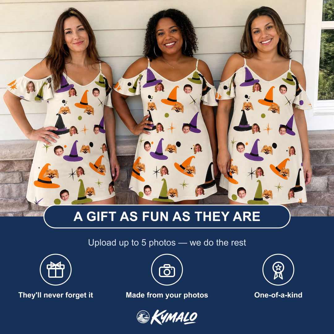 Friends in matching Women's Hexed Headwear Custom Face Off-Shoulder Dress — a group gift photo